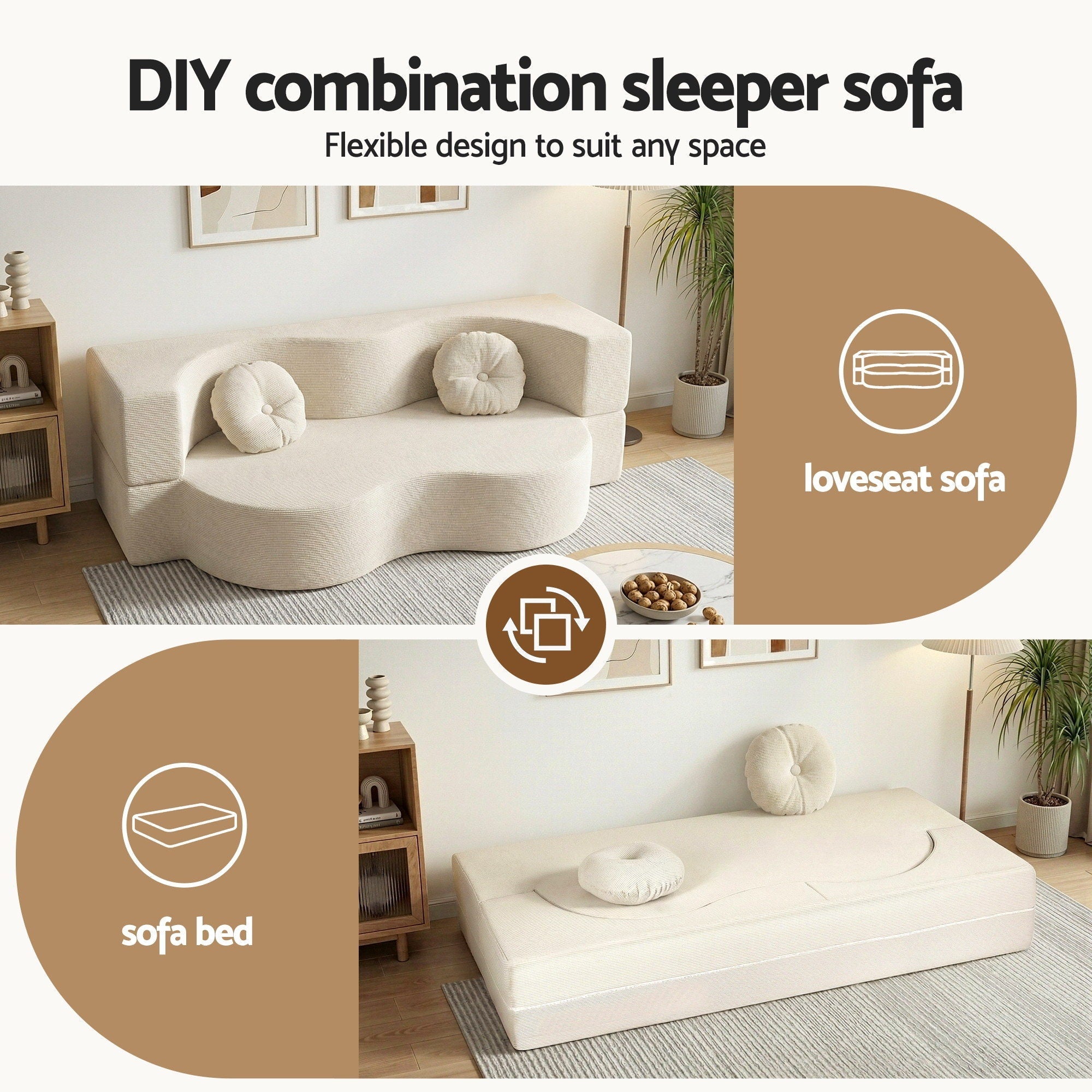 Folding Sofa Bed Floor Couch 2 - in - 1 Convertible Futon Loveseat Beige - Furniture > Sofas > Sofas & Sofa Beds - Rivercity House & Home Co. (ABN 18 642 972 209) - Affordable Modern Furniture Australia