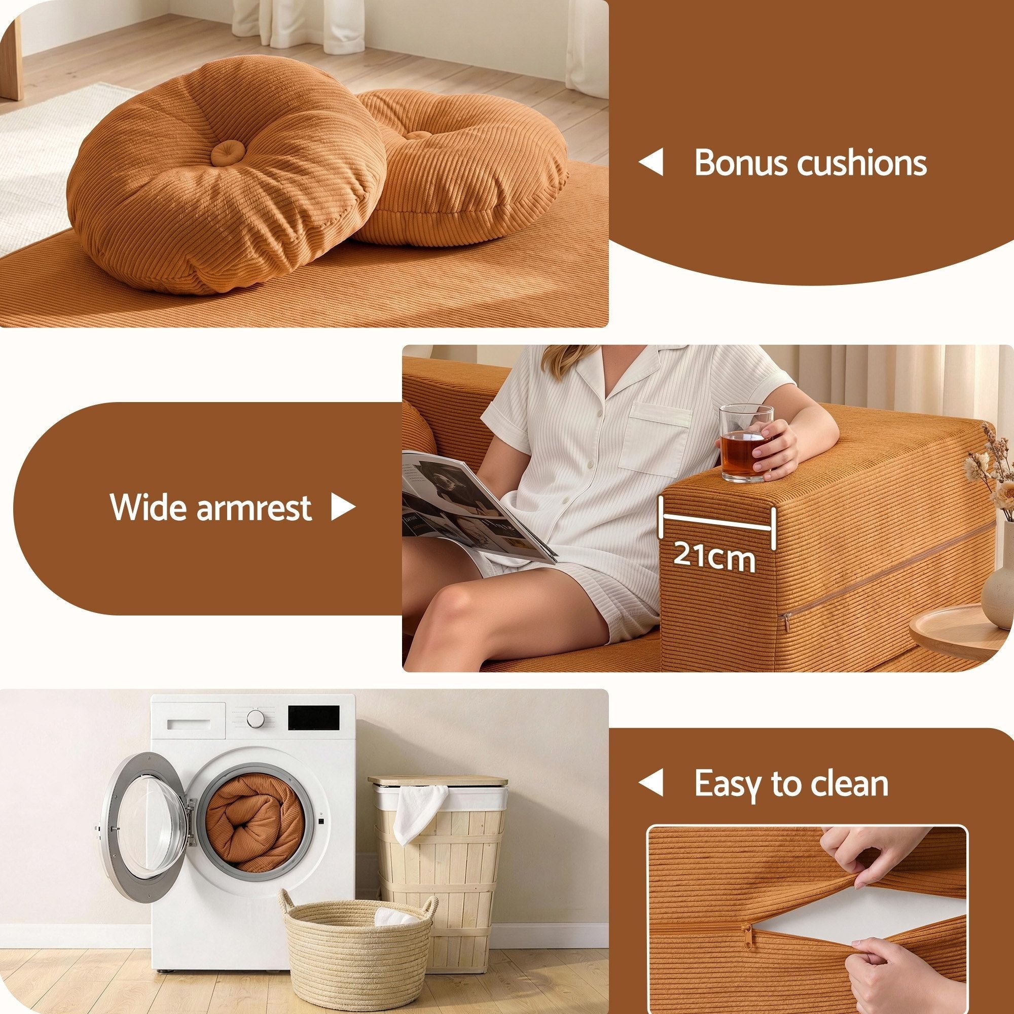 Folding Sofa Bed Floor Couch 2 - in - 1 Convertible Futon Loveseat Orange - Furniture > Sofas > Sofas & Sofa Beds - Rivercity House & Home Co. (ABN 18 642 972 209) - Affordable Modern Furniture Australia