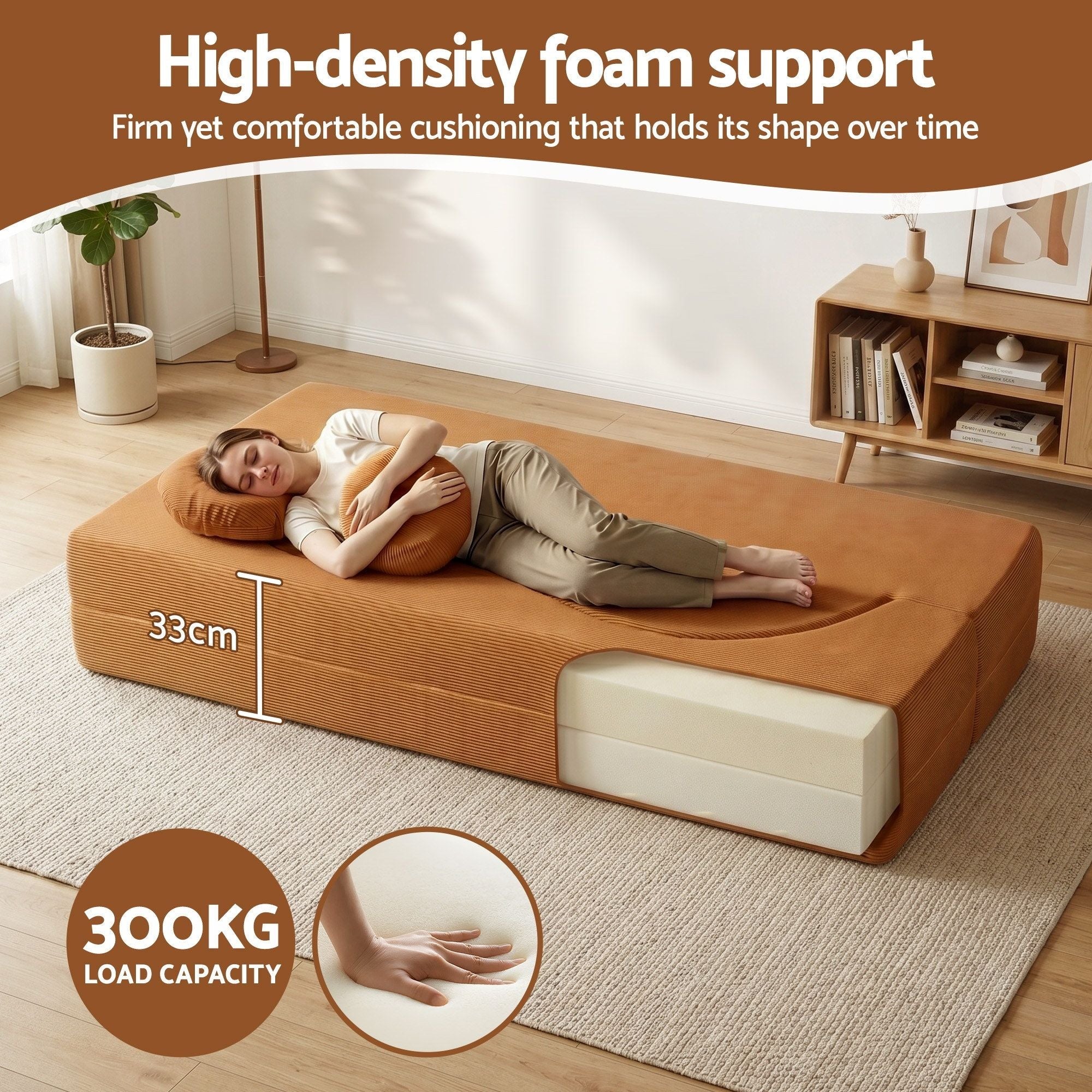 Folding Sofa Bed Floor Couch 2 - in - 1 Convertible Futon Loveseat Orange - Furniture > Sofas > Sofas & Sofa Beds - Rivercity House & Home Co. (ABN 18 642 972 209) - Affordable Modern Furniture Australia