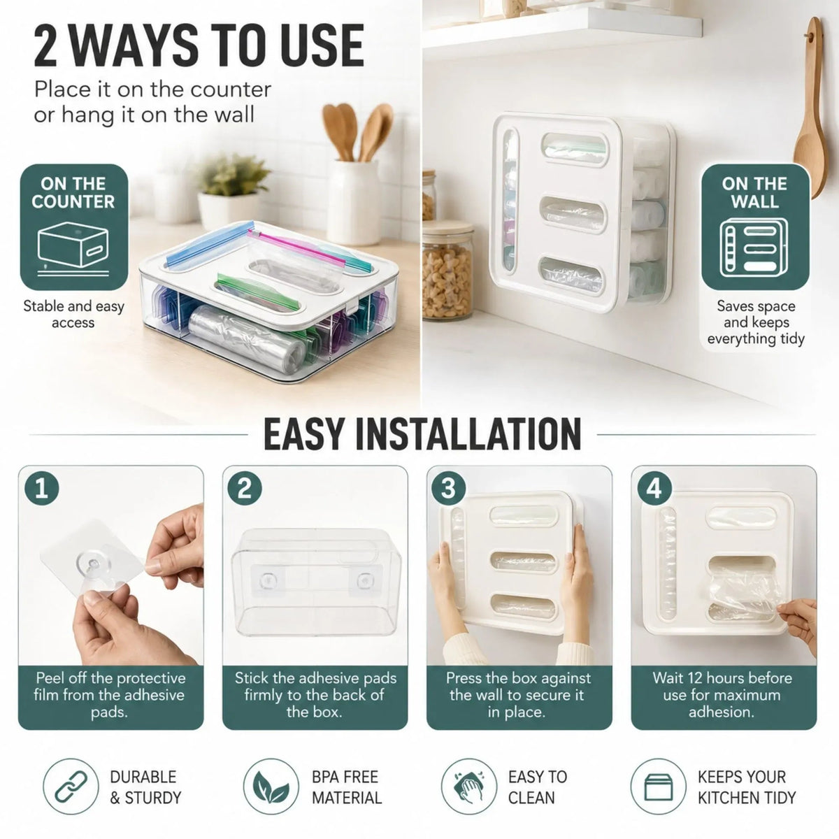 Food Storage Bag Organiser 4 Compartment Kitchen Drawer Box - Transparent - Furniture > Bathroom > Bathroom Cabinets, Cupboards & Storage - Rivercity House & Home Co. (ABN 18 642 972 209) - Affordable Modern Furniture Australia