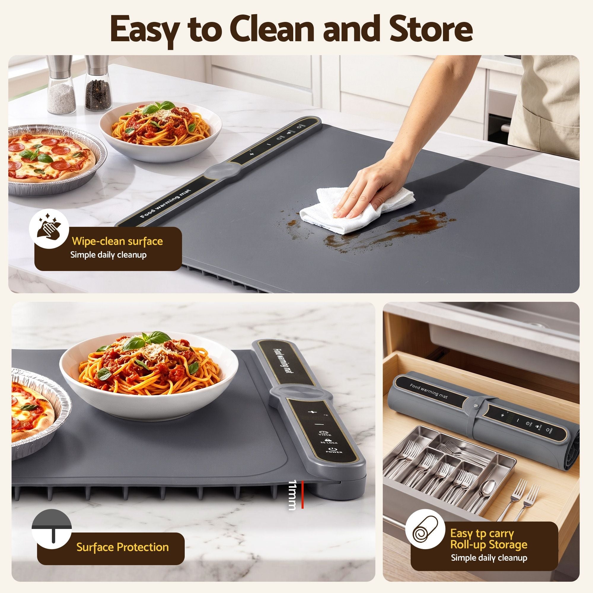 Food Warming Mat 80cm Electric Roll Up Buffet Tray with 9 Heating Levels and Timer - Grey - Appliances > Kitchen Appliances > Food Warmers & Chafing Dishes - Rivercity House & Home Co. (ABN 18 642 972 209) - Affordable Modern Furniture Australia