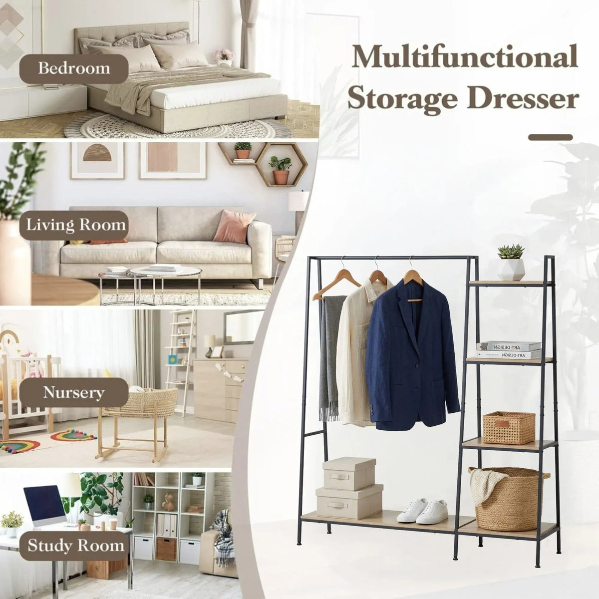 Freestanding 4 Tier Garment Rack with Shelves and Rail - Brown - Home & Garden > Storage > Clothing & Wardrobe Storage - Rivercity House & Home Co. (ABN 18 642 972 209) - Affordable Modern Furniture Australia