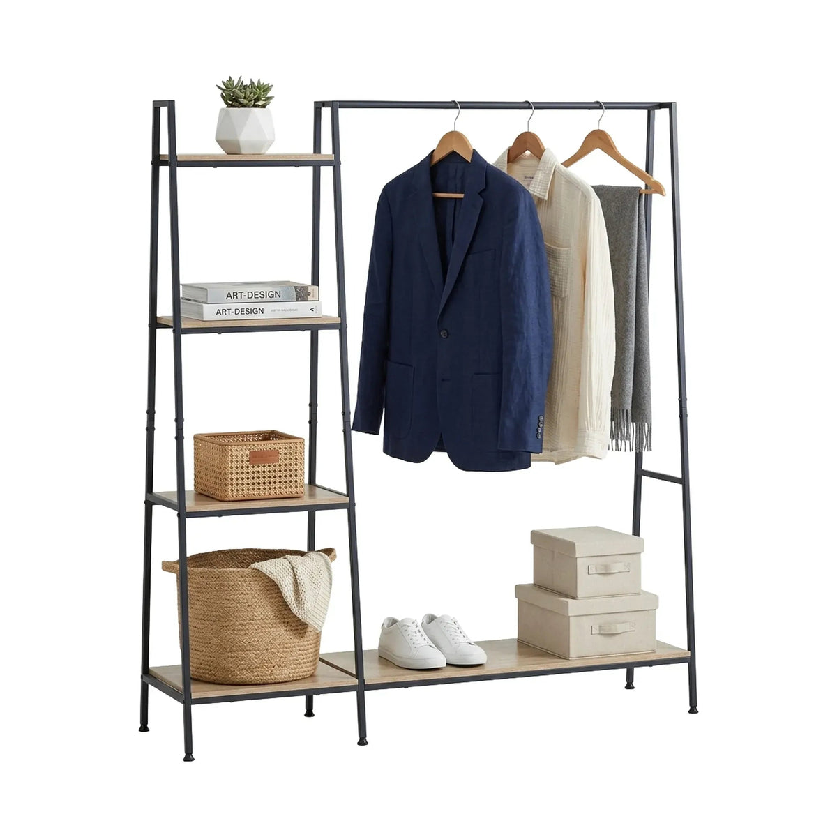 Freestanding 4 Tier Garment Rack with Shelves and Rail - Brown - Home & Garden > Storage > Clothing & Wardrobe Storage - Rivercity House & Home Co. (ABN 18 642 972 209) - Affordable Modern Furniture Australia