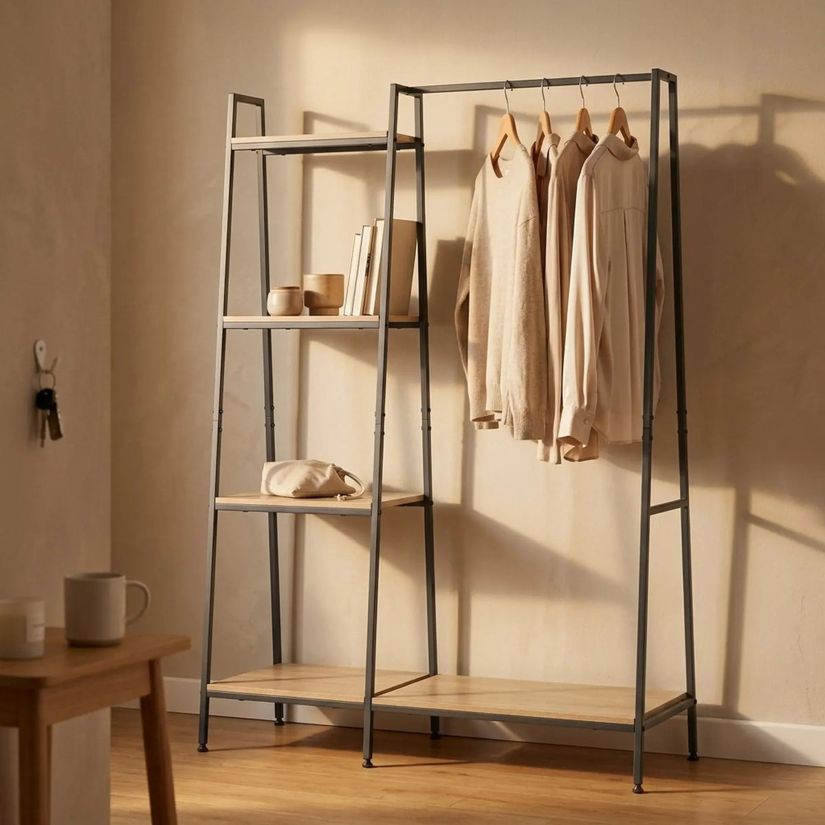 Freestanding 4 Tier Garment Rack with Shelves and Rail - Brown - Home & Garden > Storage > Clothing & Wardrobe Storage - Rivercity House & Home Co. (ABN 18 642 972 209) - Affordable Modern Furniture Australia