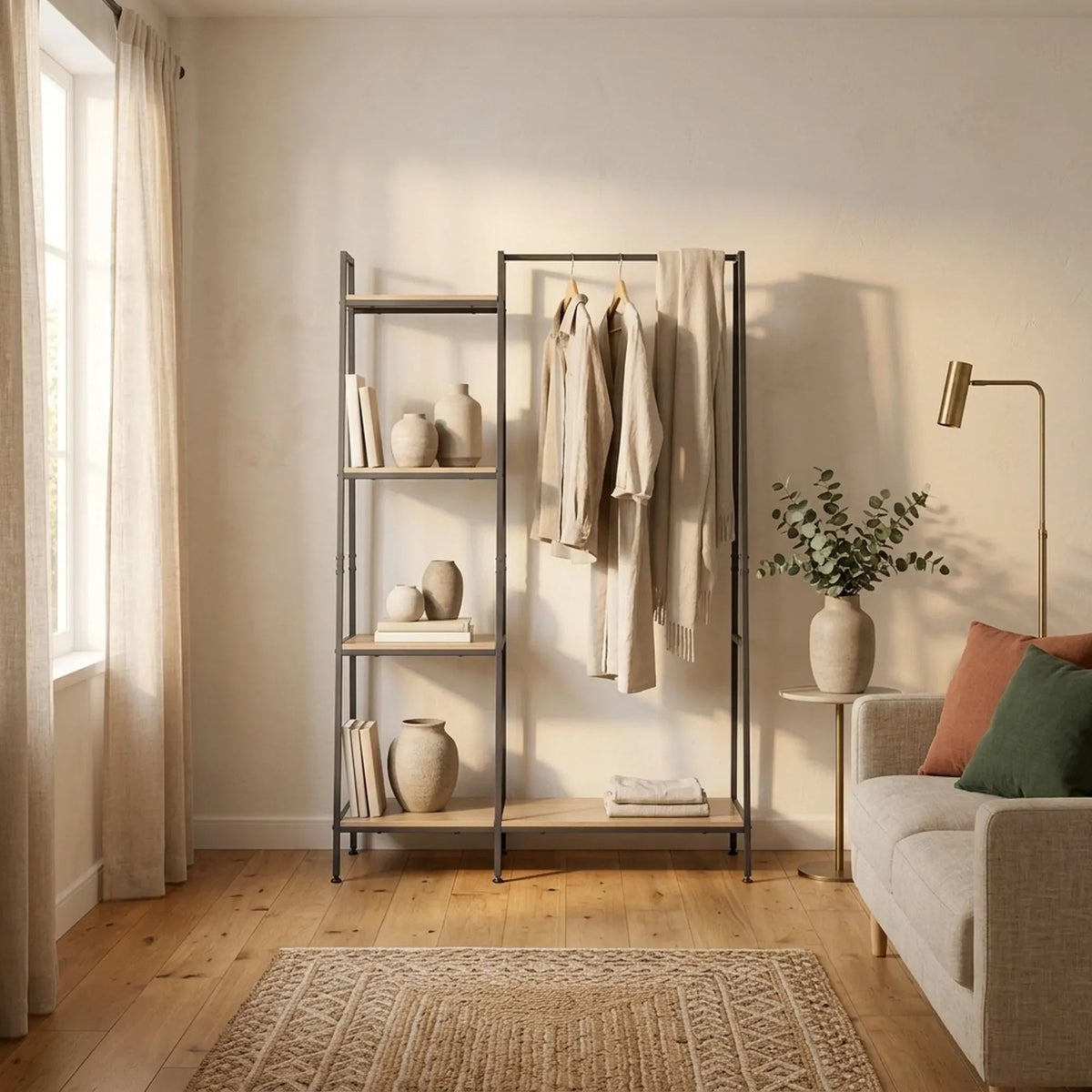 Freestanding 4 Tier Garment Rack with Shelves and Rail - Brown - Home & Garden > Storage > Clothing & Wardrobe Storage - Rivercity House & Home Co. (ABN 18 642 972 209) - Affordable Modern Furniture Australia