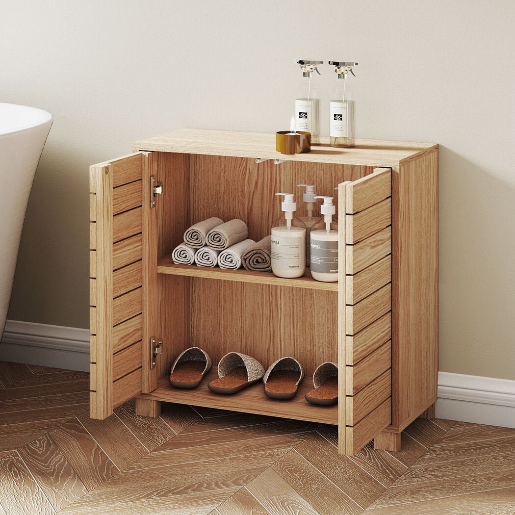 Freestanding Bathroom Storage Cabinet with Sliding Doors and Adjustable Shelf - Oak - Rivercity House & Home Co. (ABN 18 642 972 209) - Affordable Modern Furniture Australia