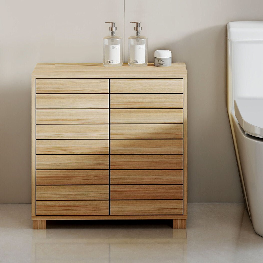 Freestanding Bathroom Storage Cabinet with Sliding Doors and Adjustable Shelf - Oak - Rivercity House & Home Co. (ABN 18 642 972 209) - Affordable Modern Furniture Australia