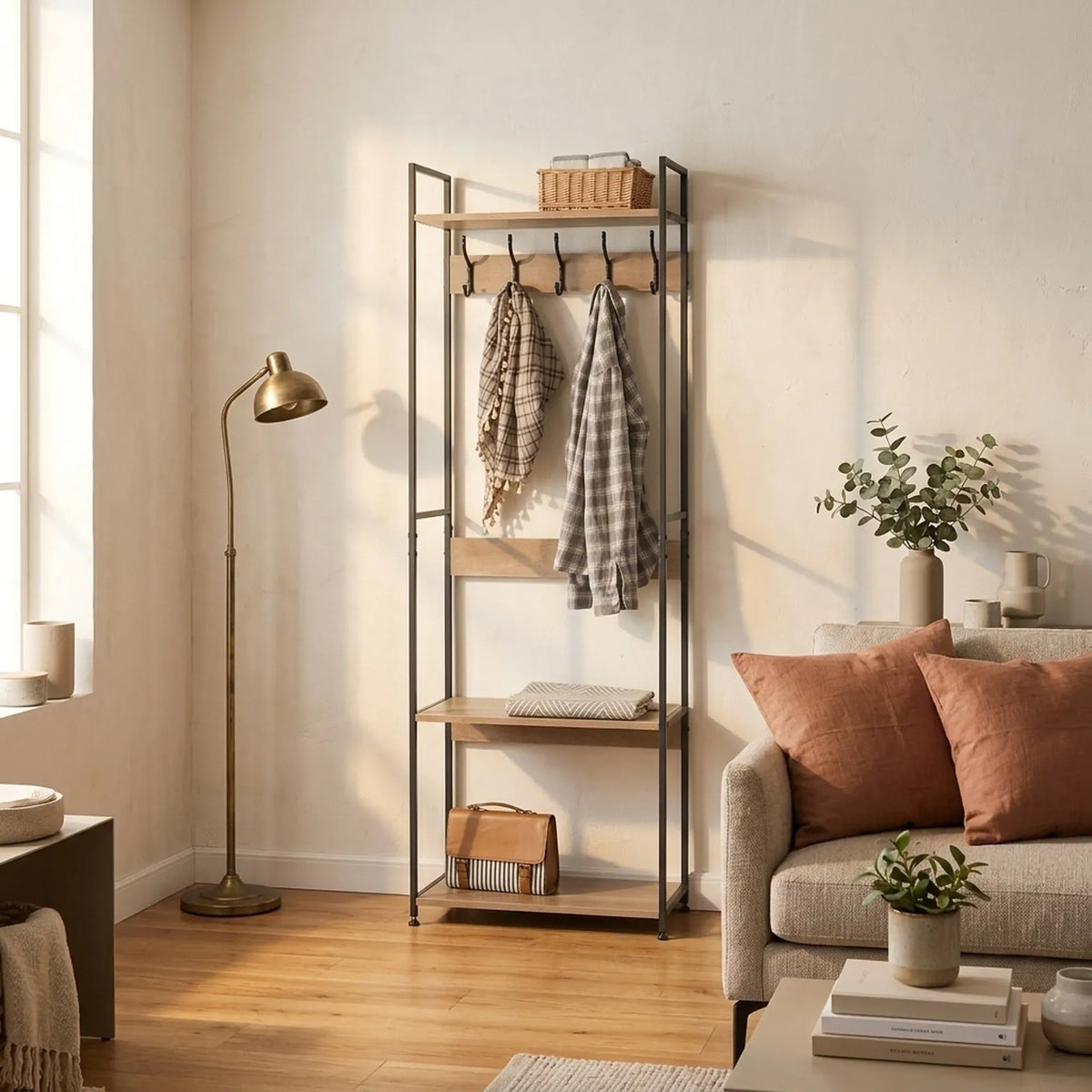 Freestanding Garment Rack with 5 Hooks and 4 Shelves - Brown Rustic Steel - Home & Garden > Storage > Clothing & Wardrobe Storage - Rivercity House & Home Co. (ABN 18 642 972 209) - Affordable Modern Furniture Australia