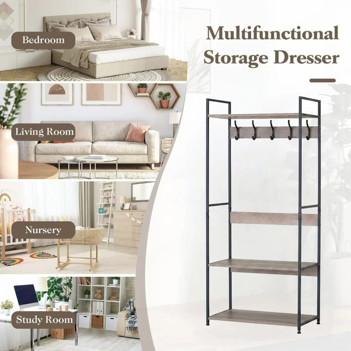 Freestanding Garment Rack with 5 Hooks and 4 Shelves - Brown Rustic Steel - Home & Garden > Storage > Clothing & Wardrobe Storage - Rivercity House & Home Co. (ABN 18 642 972 209) - Affordable Modern Furniture Australia