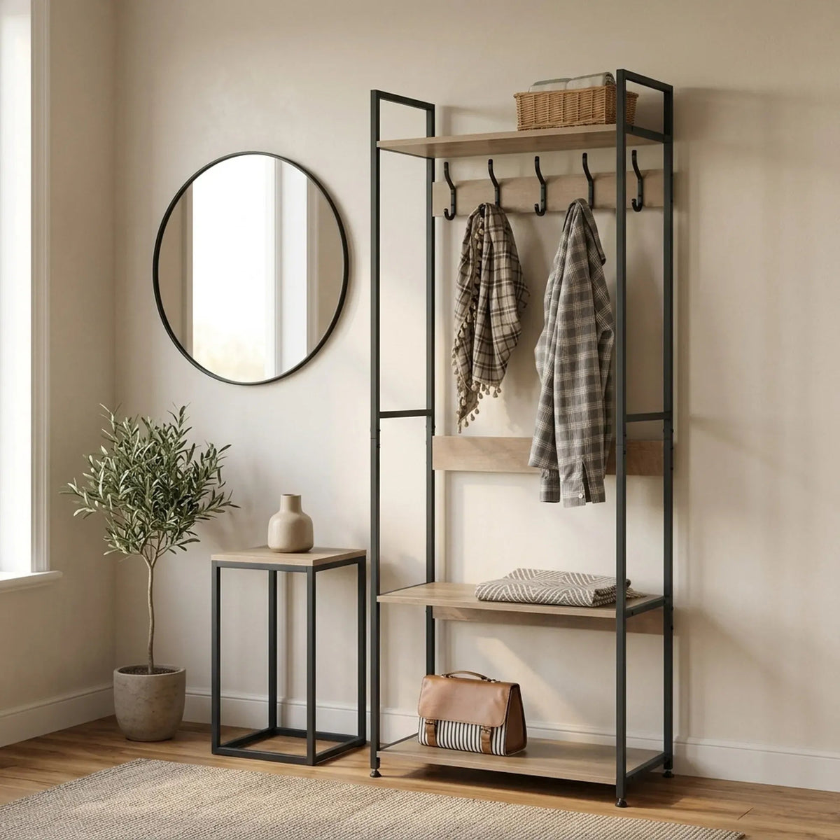 Freestanding Garment Rack with 5 Hooks and 4 Shelves - Brown Rustic Steel - Home & Garden > Storage > Clothing & Wardrobe Storage - Rivercity House & Home Co. (ABN 18 642 972 209) - Affordable Modern Furniture Australia
