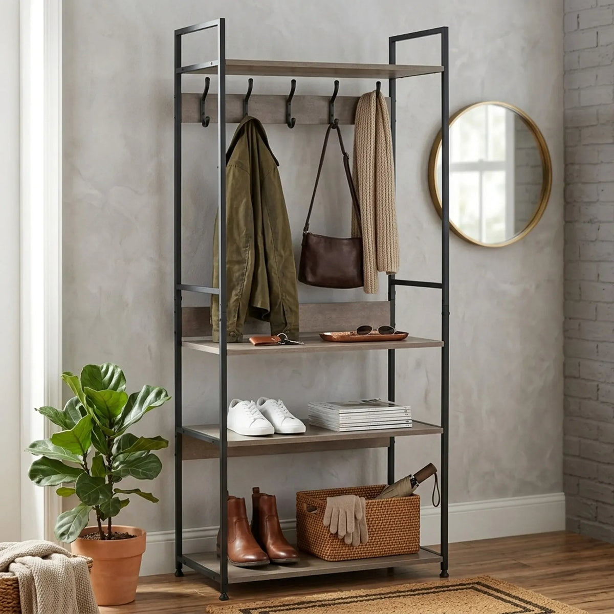 Freestanding Garment Rack with 5 Hooks and 4 Shelves - Brown Rustic Steel - Home & Garden > Storage > Clothing & Wardrobe Storage - Rivercity House & Home Co. (ABN 18 642 972 209) - Affordable Modern Furniture Australia