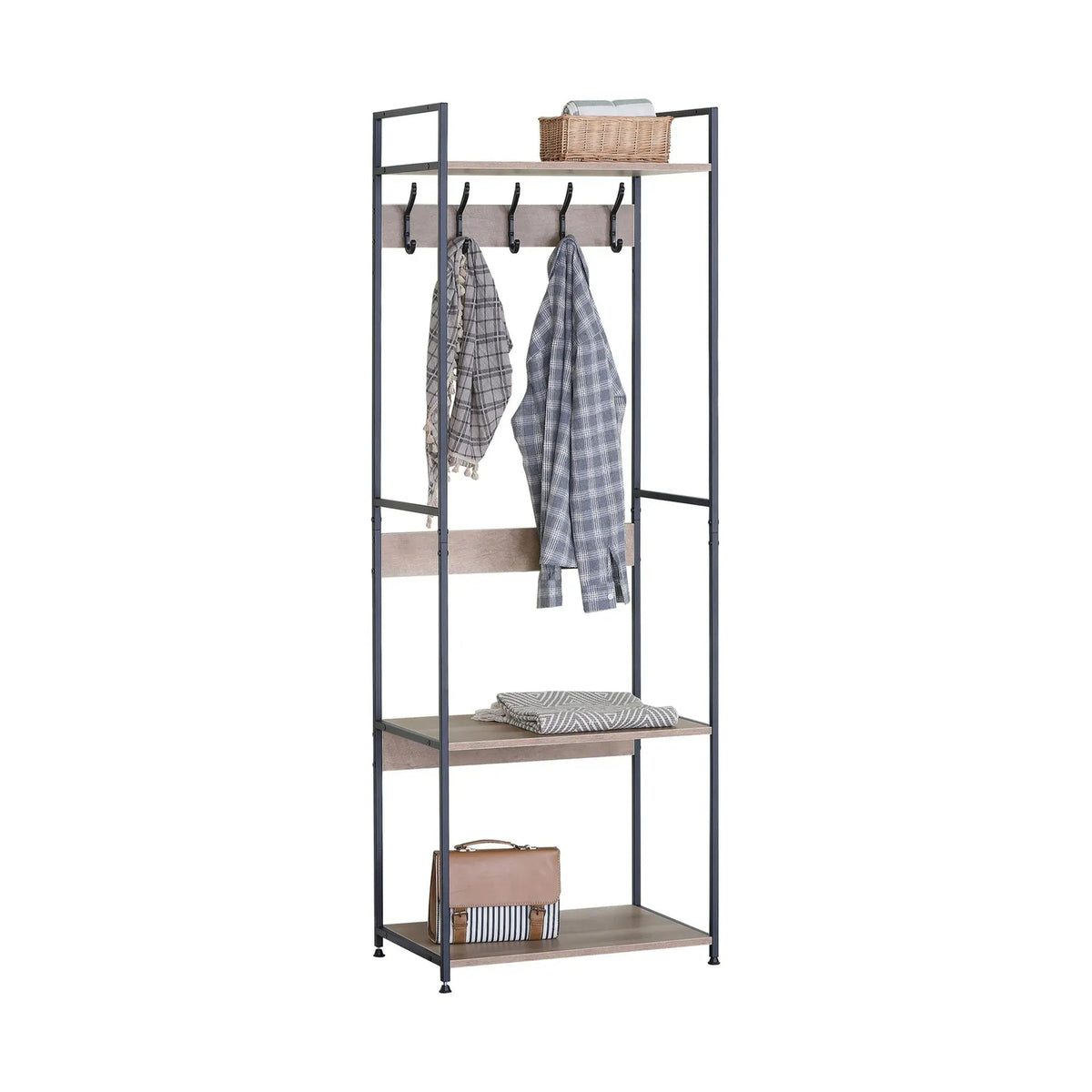 Freestanding Garment Rack with 5 Hooks and 4 Shelves - Brown Rustic Steel - Home & Garden > Storage > Clothing & Wardrobe Storage - Rivercity House & Home Co. (ABN 18 642 972 209) - Affordable Modern Furniture Australia