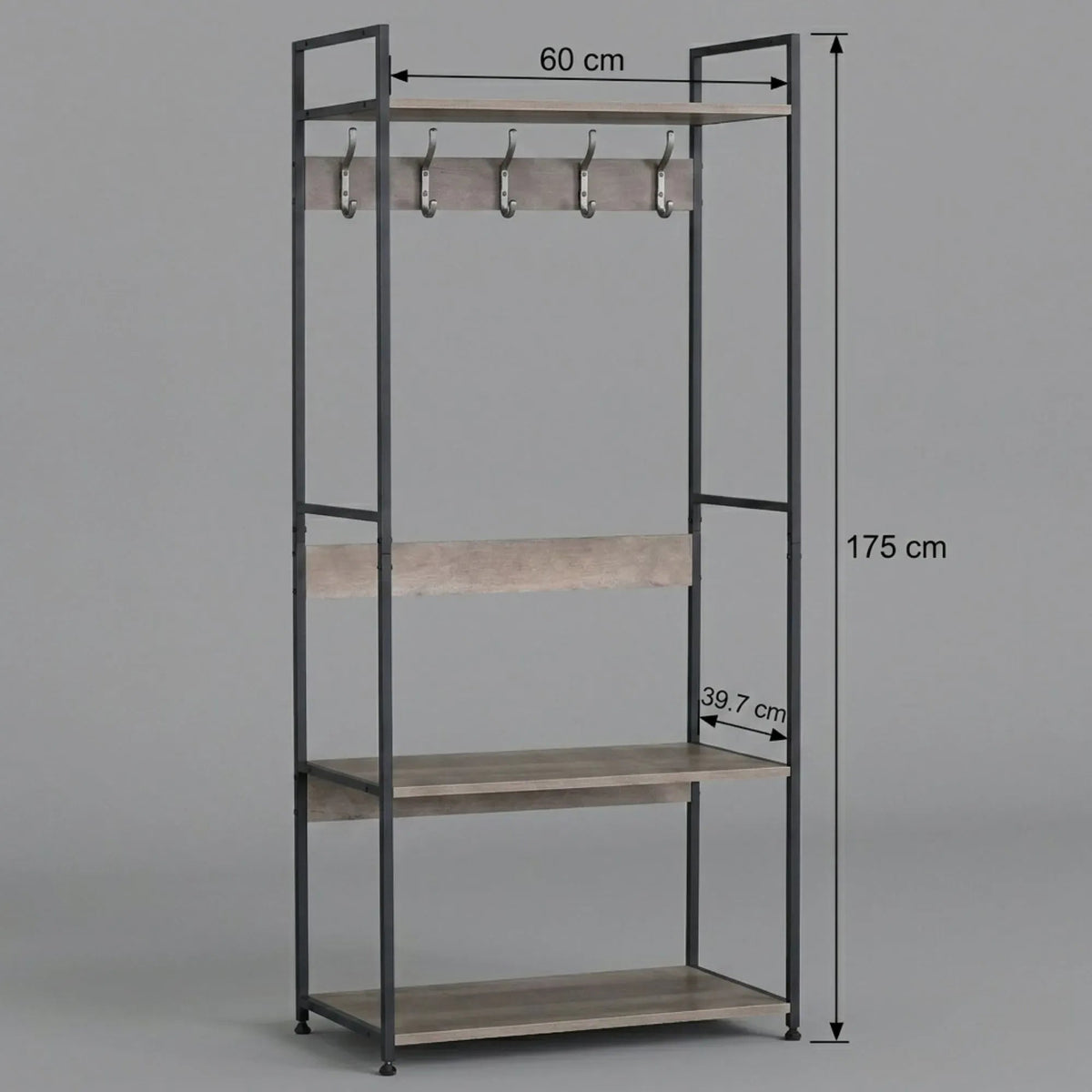 Freestanding Garment Rack with 5 Hooks and 4 Shelves - Brown Rustic Steel - Home & Garden > Storage > Clothing & Wardrobe Storage - Rivercity House & Home Co. (ABN 18 642 972 209) - Affordable Modern Furniture Australia