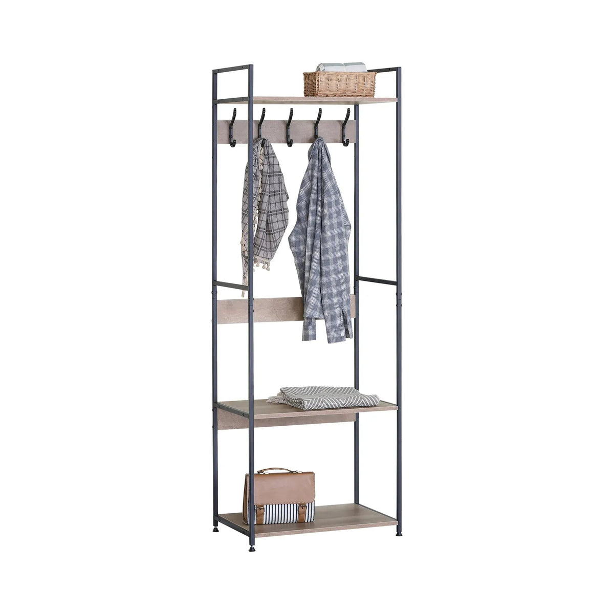 Freestanding Garment Rack with 5 Hooks and 4 Shelves - Brown Rustic Steel - Home & Garden > Storage > Clothing & Wardrobe Storage - Rivercity House & Home Co. (ABN 18 642 972 209) - Affordable Modern Furniture Australia