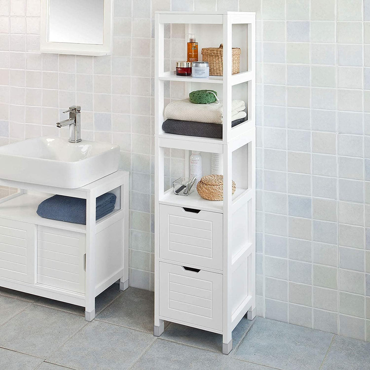 Freestanding Tall Cabinet with Shelves and Drawers - Engineered Wood - Home & Garden > Storage > Clothing & Wardrobe Storage - Rivercity House & Home Co. (ABN 18 642 972 209) - Affordable Modern Furniture Australia