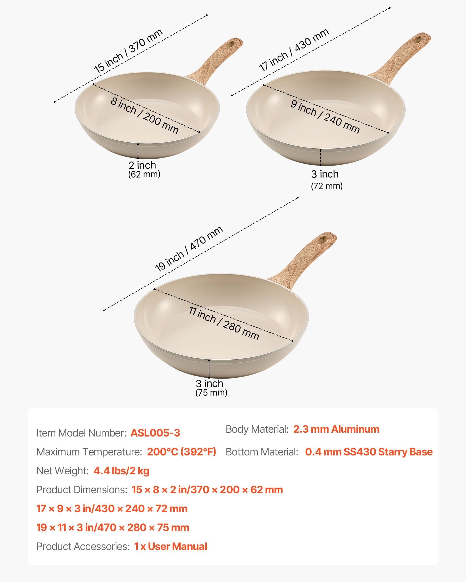 Frying Pan Skillet, Aluminum Egg Fry Pans, 3 Pcs (200, 240, 280 mm), Nonsitck Ceramic Heavy - Duty Skillets with Heat - Resistant Handle, Chef's Kitchen Cookware for Gas, Electric, Induction, Beige - Home & Garden > Kitchenware > Skillets & Frying Pans - Rivercity House & Home Co. (ABN 18 642 972 209) - Affordable Modern Furniture Australia