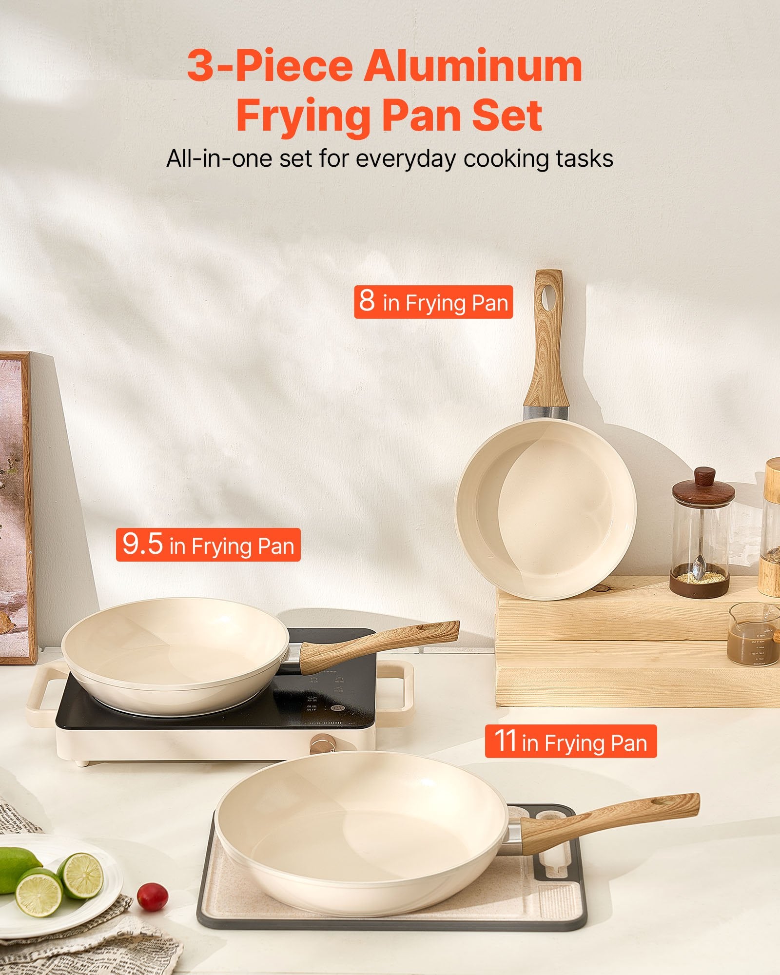 Frying Pan Skillet, Aluminum Egg Fry Pans, 3 Pcs (200, 240, 280 mm), Nonsitck Ceramic Heavy - Duty Skillets with Heat - Resistant Handle, Chef's Kitchen Cookware for Gas, Electric, Induction, Beige - Home & Garden > Kitchenware > Skillets & Frying Pans - Rivercity House & Home Co. (ABN 18 642 972 209) - Affordable Modern Furniture Australia