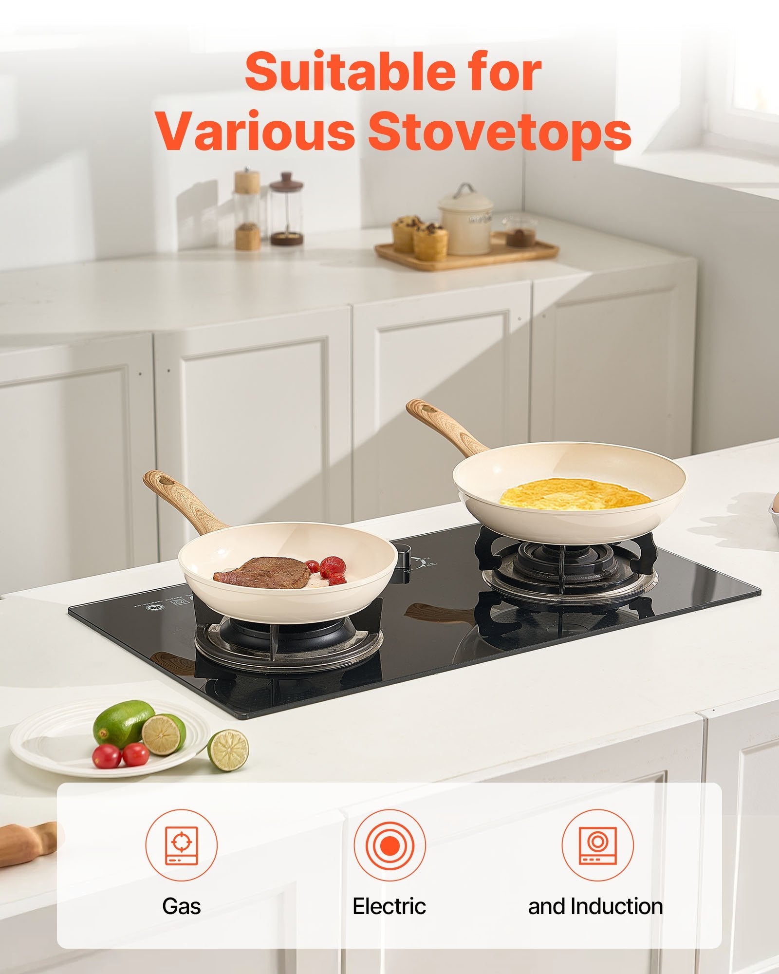 Frying Pan Skillet, Aluminum Egg Fry Pans, 3 Pcs (200, 240, 280 mm), Nonsitck Ceramic Heavy - Duty Skillets with Heat - Resistant Handle, Chef's Kitchen Cookware for Gas, Electric, Induction, Beige - Home & Garden > Kitchenware > Skillets & Frying Pans - Rivercity House & Home Co. (ABN 18 642 972 209) - Affordable Modern Furniture Australia