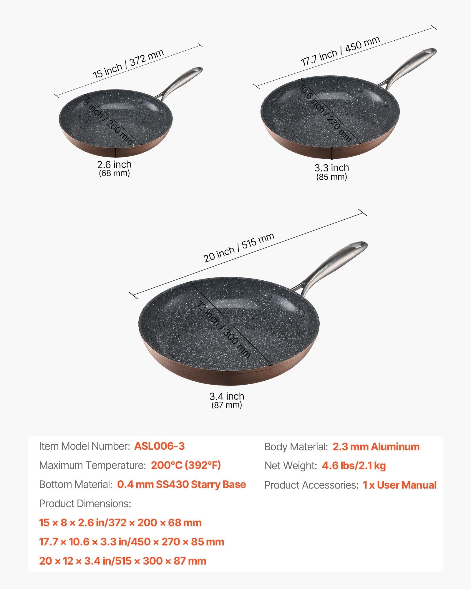 Frying Pan Skillet, Aluminum Egg Fry Pans, 3 Piece (200, 270, 300 mm), Nonsitck Ceramic Heavy - Duty Skillets with Heat - Resistant Handle, Chef's Cookware, for Oven, Gas, Electric, Induction, Grey - Home & Garden > Kitchenware > Skillets & Frying Pans - Rivercity House & Home Co. (ABN 18 642 972 209) - Affordable Modern Furniture Australia