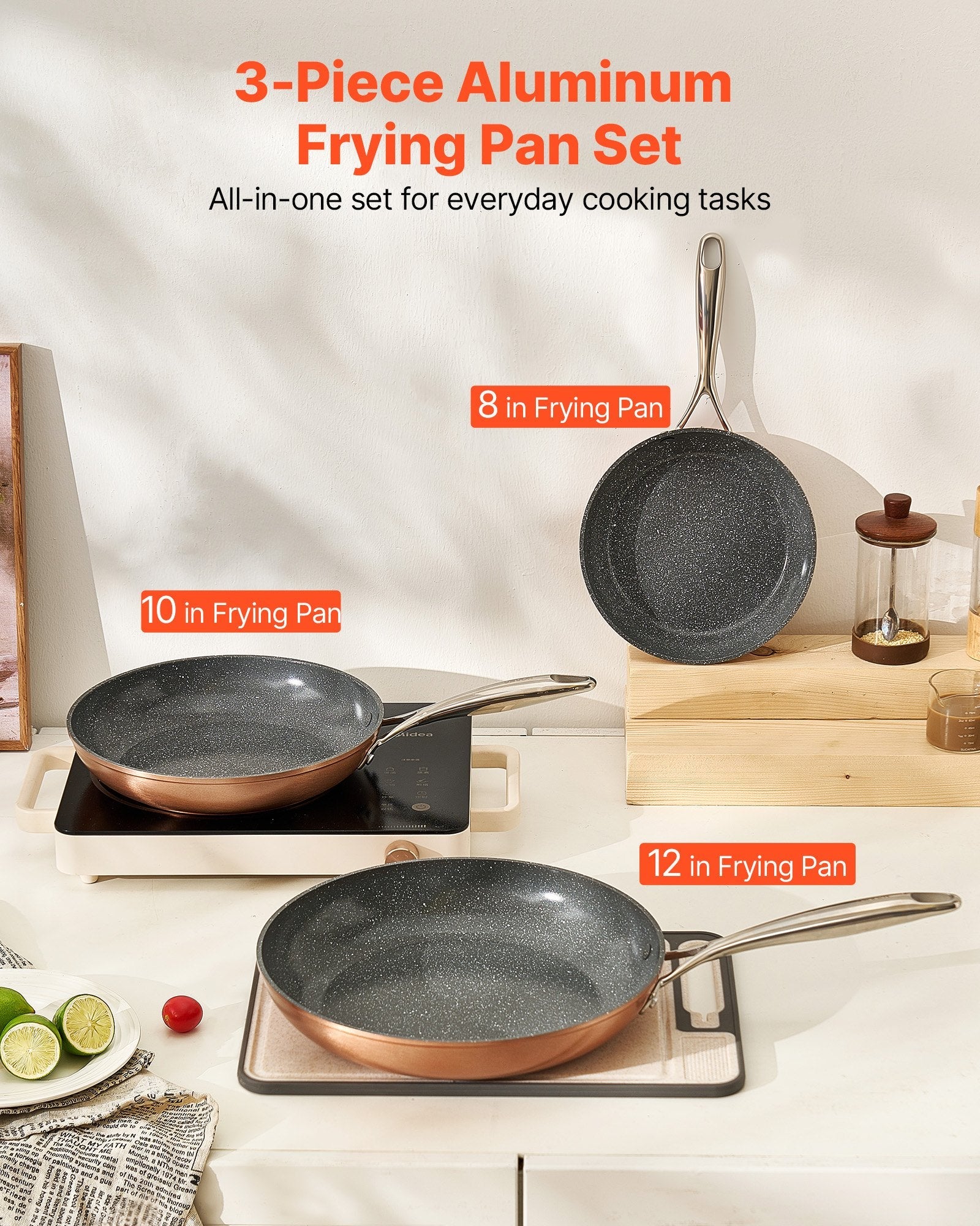 Frying Pan Skillet, Aluminum Egg Fry Pans, 3 Piece (200, 270, 300 mm), Nonsitck Ceramic Heavy - Duty Skillets with Heat - Resistant Handle, Chef's Cookware, for Oven, Gas, Electric, Induction, Grey - Home & Garden > Kitchenware > Skillets & Frying Pans - Rivercity House & Home Co. (ABN 18 642 972 209) - Affordable Modern Furniture Australia