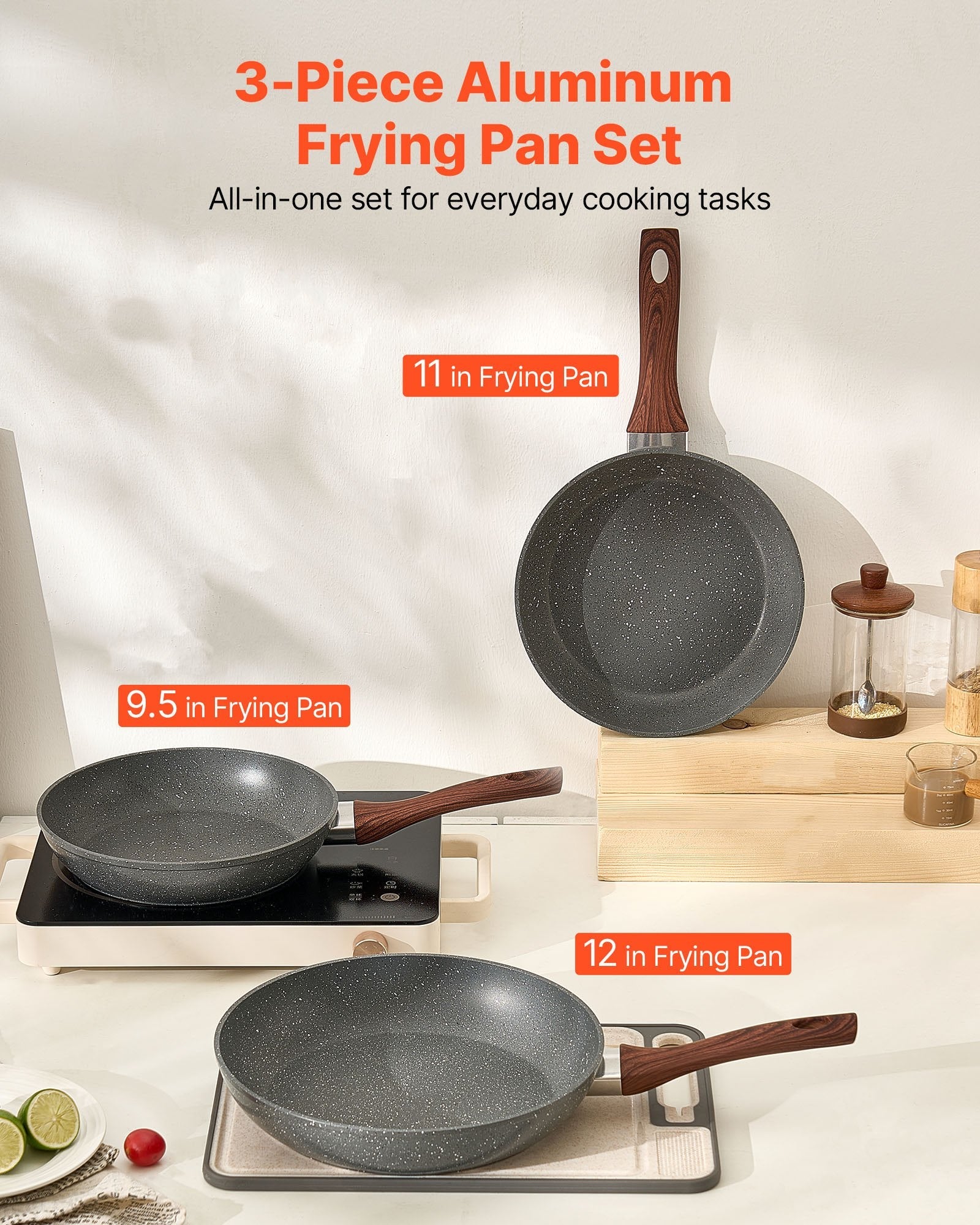 Frying Pan Skillet, Aluminum Egg Fry Pans, 3 Piece Set (250, 280, 325 mm), Nonsitck Heavy - Duty Skillets with Heat - Resistant Handle, Chef's Kitchen Cookware, for Gas, Electric, Induction, Grey - Home & Garden > Kitchenware > Skillets & Frying Pans - Rivercity House & Home Co. (ABN 18 642 972 209) - Affordable Modern Furniture Australia