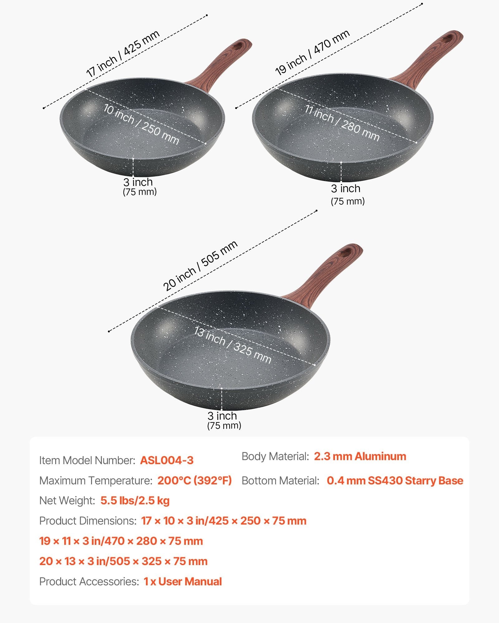 Frying Pan Skillet, Aluminum Egg Fry Pans, 3 Piece Set (250, 280, 325 mm), Nonsitck Heavy - Duty Skillets with Heat - Resistant Handle, Chef's Kitchen Cookware, for Gas, Electric, Induction, Grey - Home & Garden > Kitchenware > Skillets & Frying Pans - Rivercity House & Home Co. (ABN 18 642 972 209) - Affordable Modern Furniture Australia