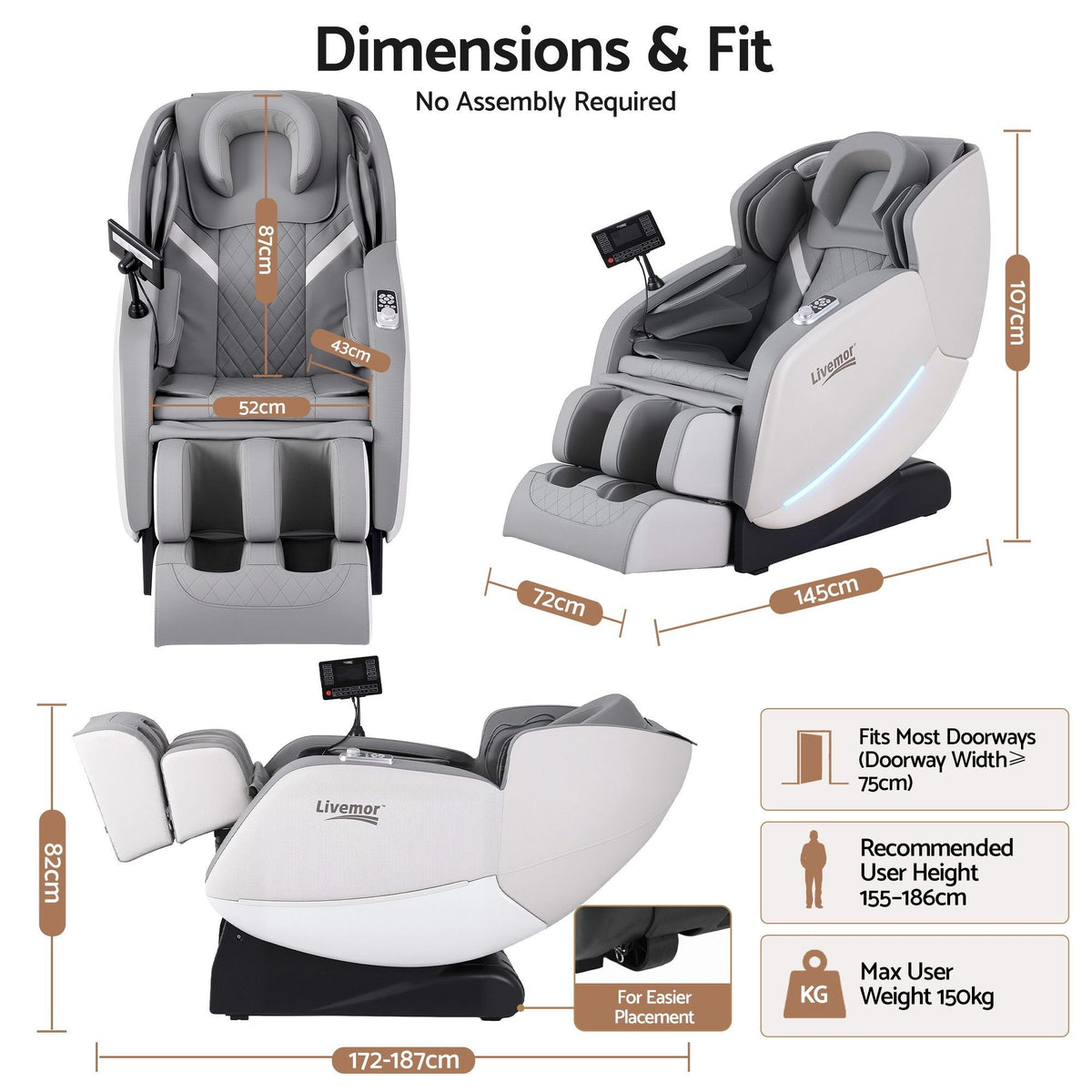Full Body Massage Chair with Zero Gravity, Airbags, Dual-Zone Waist & Calf Heat, 5 Auto Programs, 15cm Leg Extension, Voice Control, Bluetooth Speakers - Grey - Furniture > Bar Stools & Chairs > Massage Chairs - Rivercity House & Home Co. (ABN 18 642 972 209) - Affordable Modern Furniture Australia