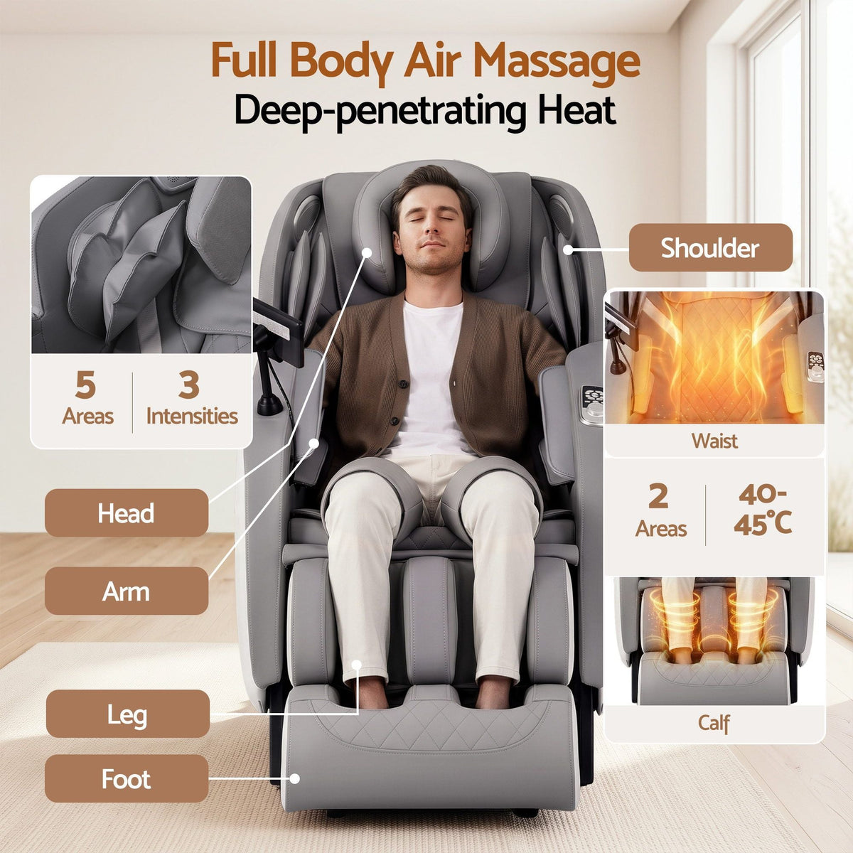 Full Body Massage Chair with Zero Gravity, Airbags, Dual-Zone Waist & Calf Heat, 5 Auto Programs, 15cm Leg Extension, Voice Control, Bluetooth Speakers - Grey - Furniture > Bar Stools & Chairs > Massage Chairs - Rivercity House & Home Co. (ABN 18 642 972 209) - Affordable Modern Furniture Australia