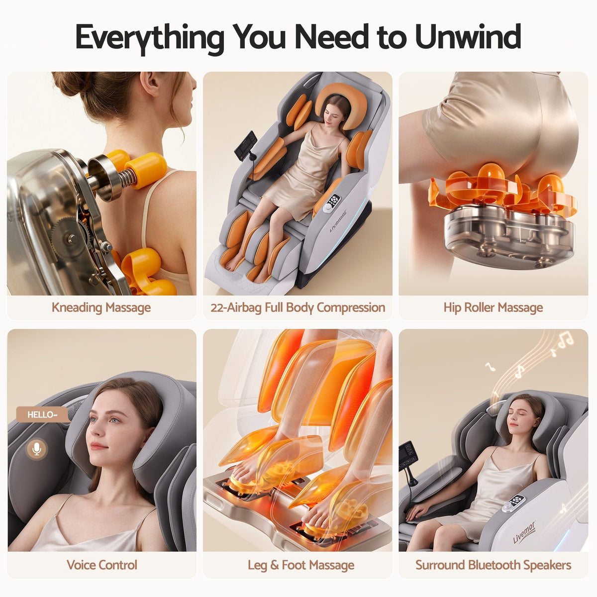 Full Body Massage Chair with Zero Gravity, Airbags, Dual-Zone Waist & Calf Heat, 5 Auto Programs, 15cm Leg Extension, Voice Control, Bluetooth Speakers - Grey - Furniture > Bar Stools & Chairs > Massage Chairs - Rivercity House & Home Co. (ABN 18 642 972 209) - Affordable Modern Furniture Australia