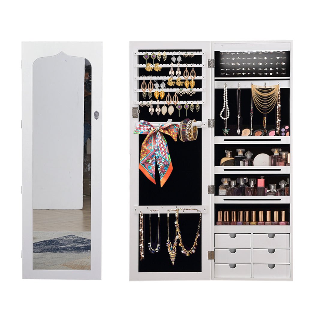 Full Length Jewellery Cabinet with Mirror and LED Light - White - Rivercity House & Home Co. (ABN 18 642 972 209) - Affordable Modern Furniture Australia