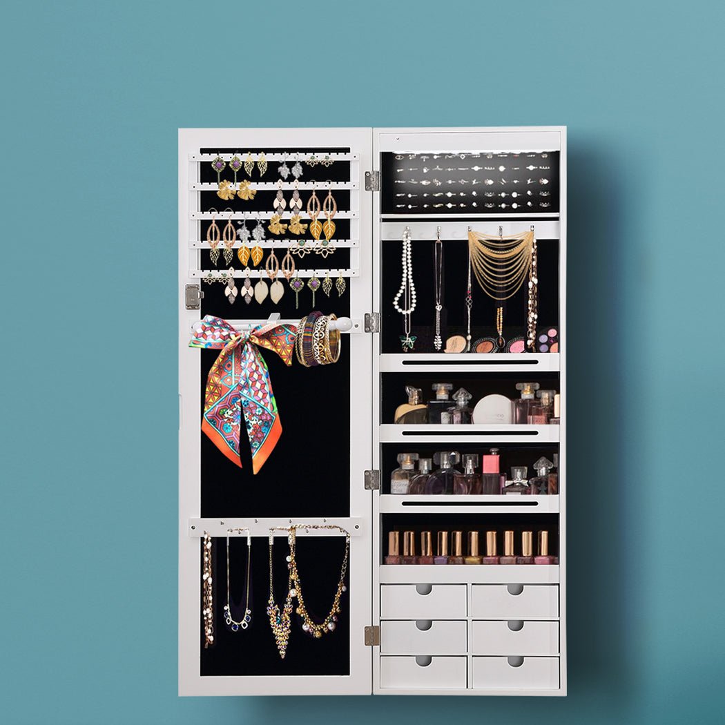 Full Length Jewellery Cabinet with Mirror and LED Light - White - Rivercity House & Home Co. (ABN 18 642 972 209) - Affordable Modern Furniture Australia