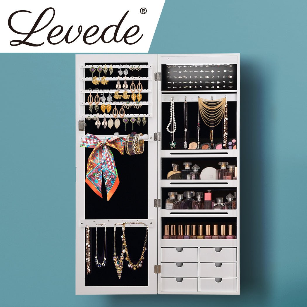 Full Length Jewellery Cabinet with Mirror and LED Light - White - Rivercity House & Home Co. (ABN 18 642 972 209) - Affordable Modern Furniture Australia