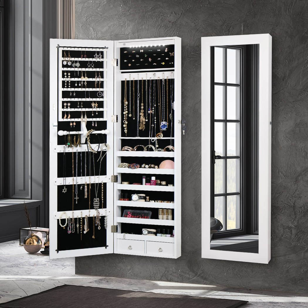 Full Length LED Mirror Jewellery Cabinet with Lock and Storage - Brown/White - Rivercity House & Home Co. (ABN 18 642 972 209) - Affordable Modern Furniture Australia
