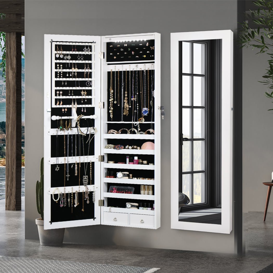 Full Length LED Mirror Jewellery Cabinet with Lock and Storage - Brown/White - Rivercity House & Home Co. (ABN 18 642 972 209) - Affordable Modern Furniture Australia