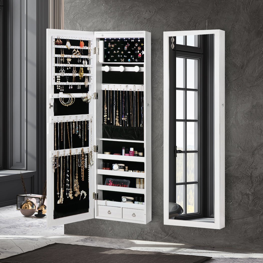 Full - Length LED Mirror Jewellery Cabinet with Storage - White - Rivercity House & Home Co. (ABN 18 642 972 209) - Affordable Modern Furniture Australia