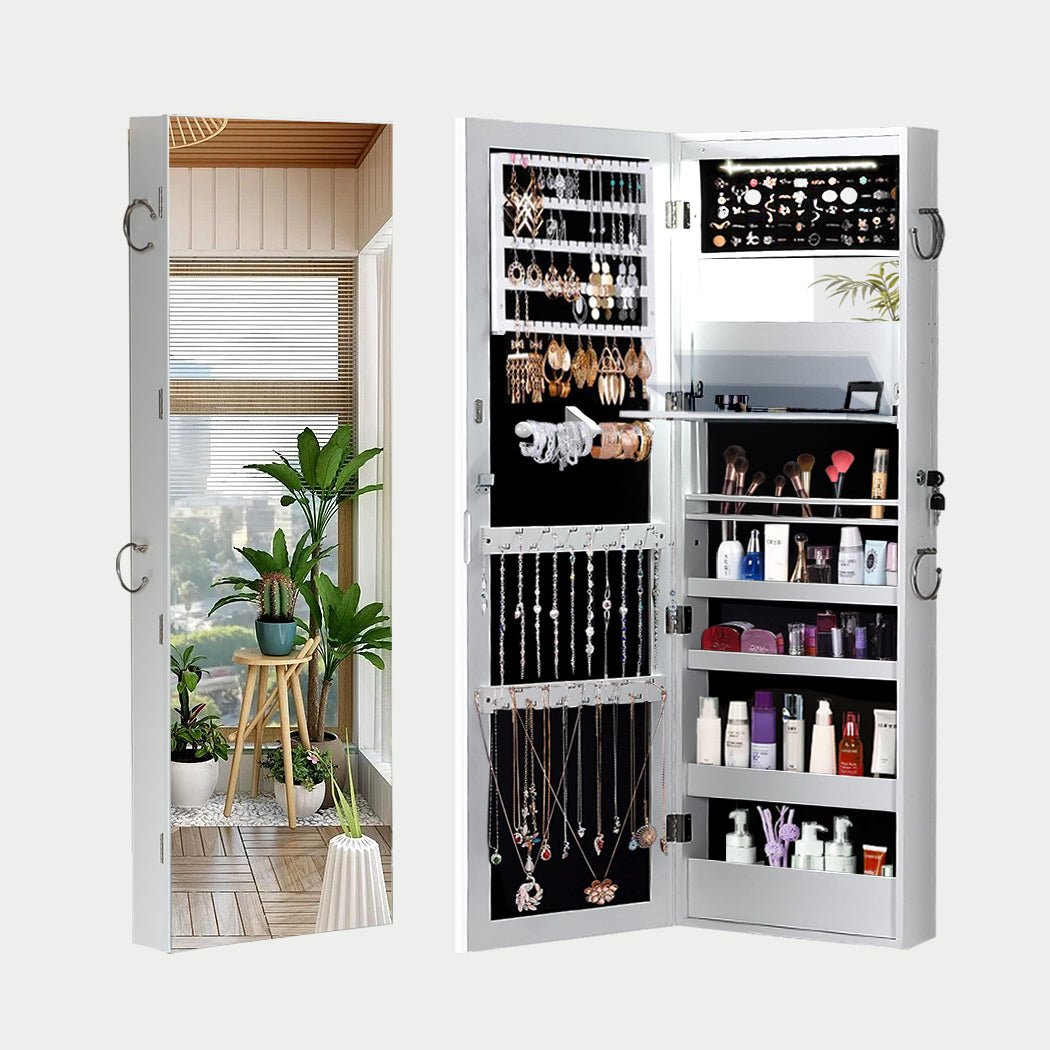 Full Length Mirror Jewellery Cabinet with Storage and Interior Mirror - White - Rivercity House & Home Co. (ABN 18 642 972 209) - Affordable Modern Furniture Australia