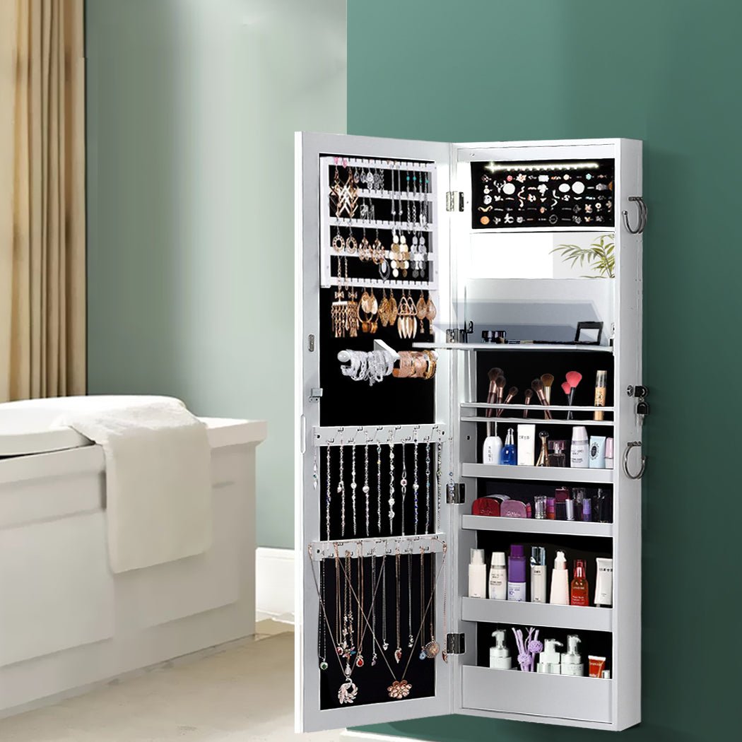 Full Length Mirror Jewellery Cabinet with Storage and Interior Mirror - White - Rivercity House & Home Co. (ABN 18 642 972 209) - Affordable Modern Furniture Australia
