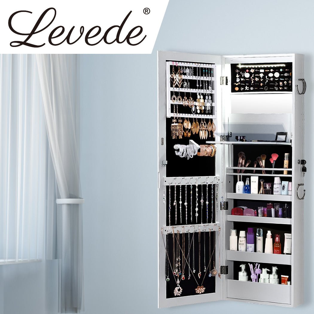 Full Length Mirror Jewellery Cabinet with Storage and Interior Mirror - White - Rivercity House & Home Co. (ABN 18 642 972 209) - Affordable Modern Furniture Australia