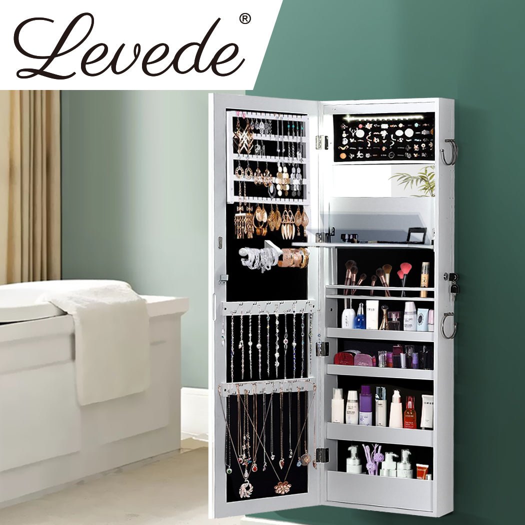 Full Length Mirror Jewellery Cabinet with Storage and Interior Mirror - White - Rivercity House & Home Co. (ABN 18 642 972 209) - Affordable Modern Furniture Australia