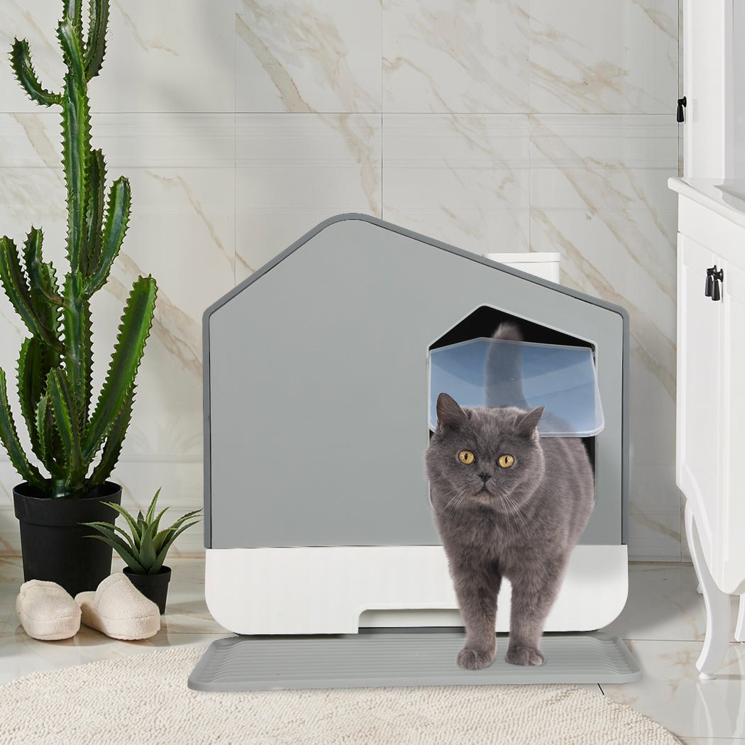 Fully Enclosed Cat Litter Box with Pull - Out Tray and Mat - Grey - Rivercity House & Home Co. (ABN 18 642 972 209) - Affordable Modern Furniture Australia