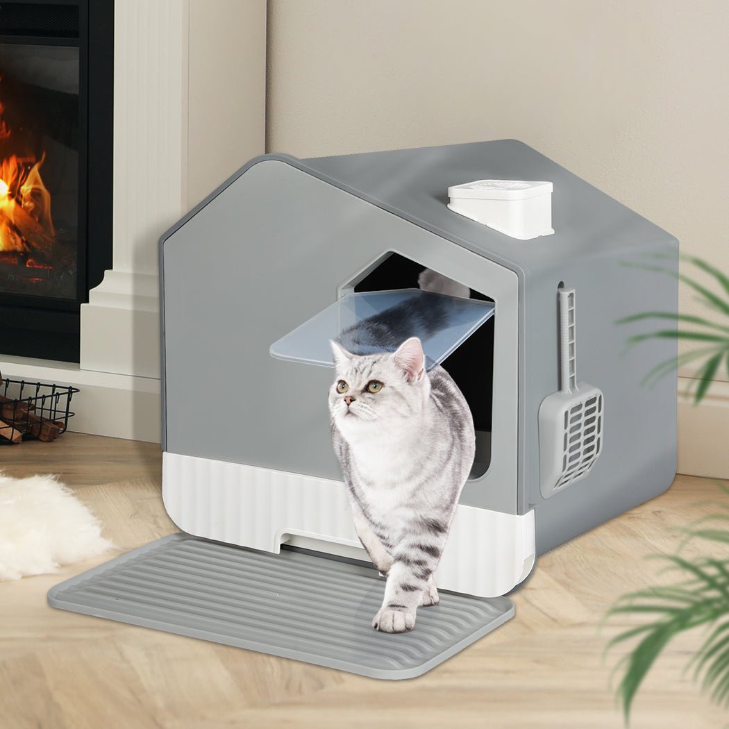 Fully Enclosed Cat Litter Box with Pull - Out Tray and Mat - Grey - Rivercity House & Home Co. (ABN 18 642 972 209) - Affordable Modern Furniture Australia