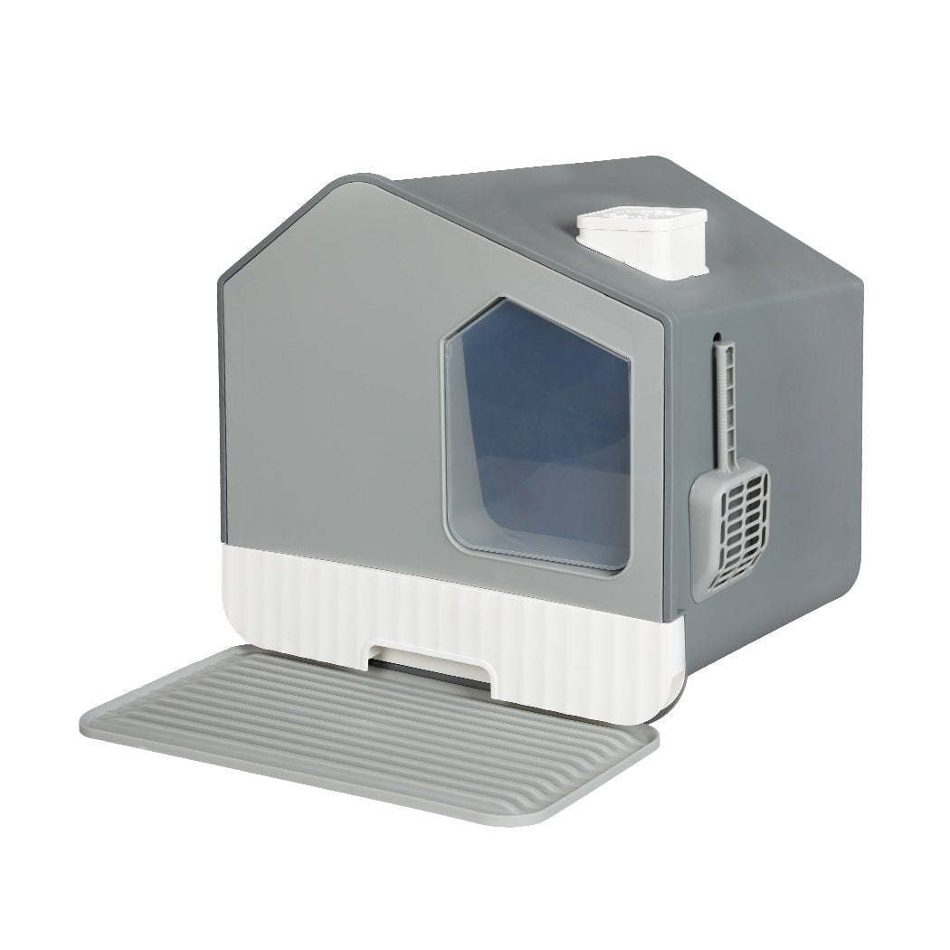 Fully Enclosed Cat Litter Box with Pull - Out Tray and Mat - Grey - Rivercity House & Home Co. (ABN 18 642 972 209) - Affordable Modern Furniture Australia