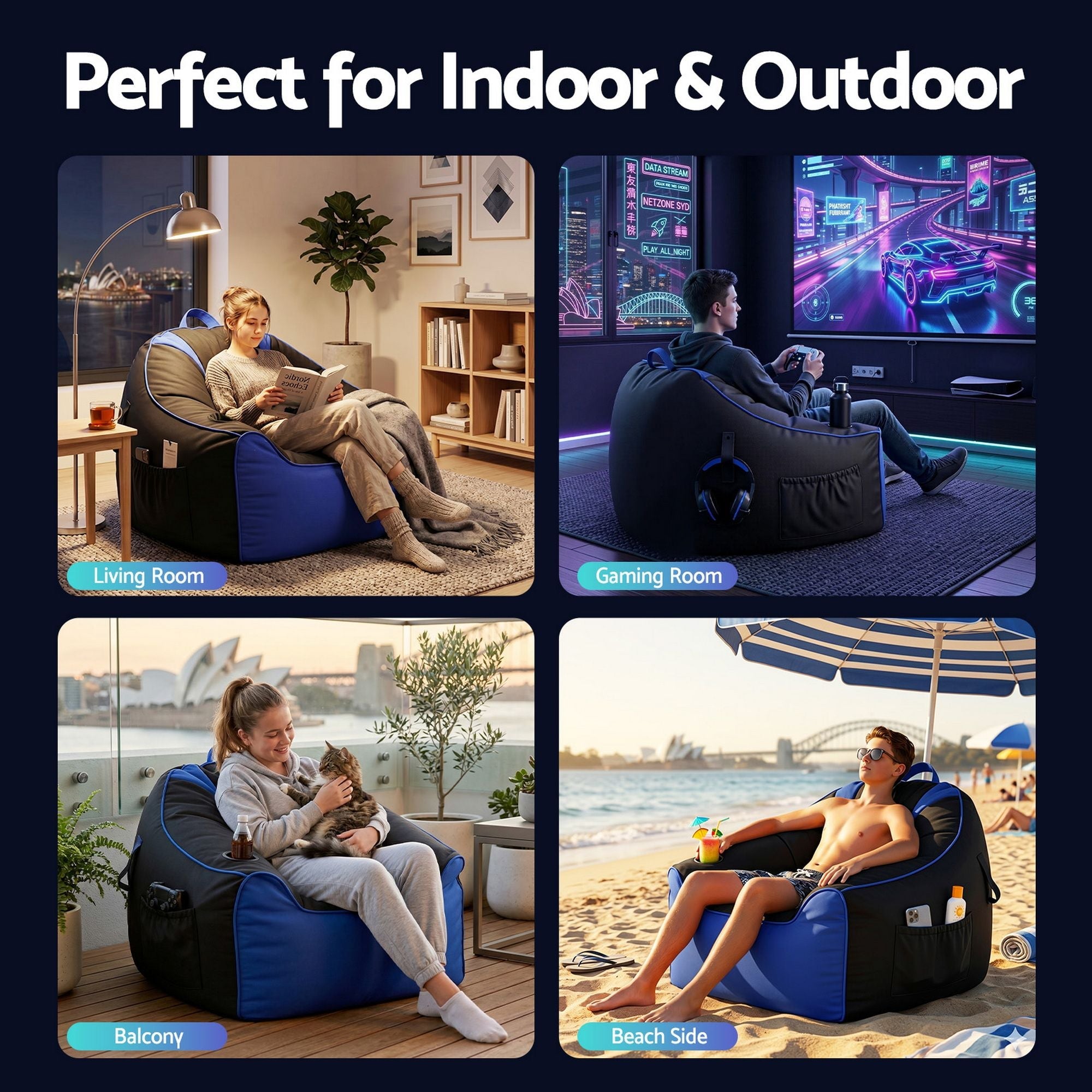 Gaming Bean Bag Chair Cover (No Filler) for Adults Teens Kids Splash - Proof Floor Gaming Chair Cover with Side Pockets, Headphone Hanger, Cup Holder, Bean Bag Cover Only - Furniture > Sofas > Sofa Accessories - Rivercity House & Home Co. (ABN 18 642 972 209) - Affordable Modern Furniture Australia