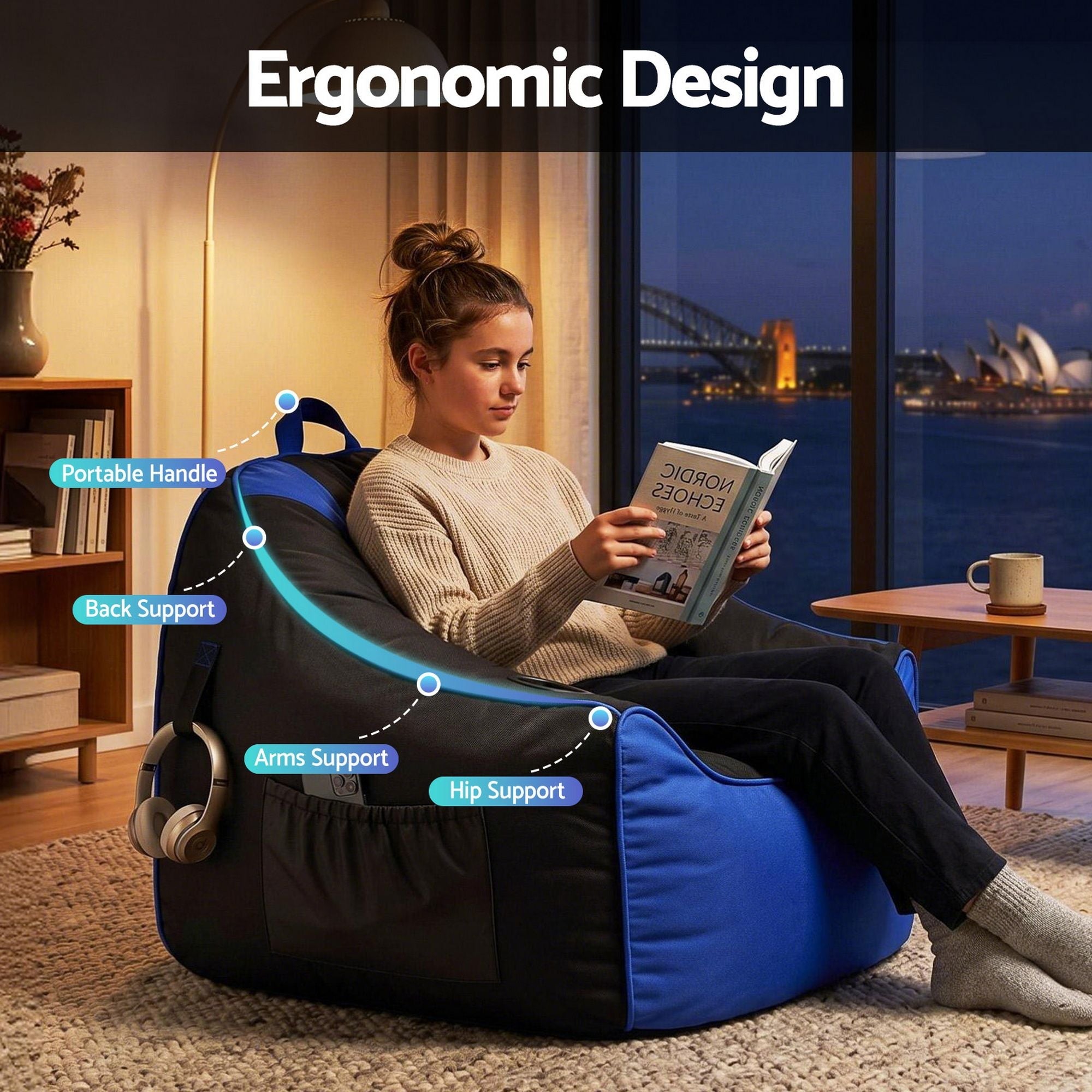 Gaming Bean Bag Chair Cover (No Filler) for Adults Teens Kids Splash - Proof Floor Gaming Chair Cover with Side Pockets, Headphone Hanger, Cup Holder, Bean Bag Cover Only - Furniture > Sofas > Sofa Accessories - Rivercity House & Home Co. (ABN 18 642 972 209) - Affordable Modern Furniture Australia
