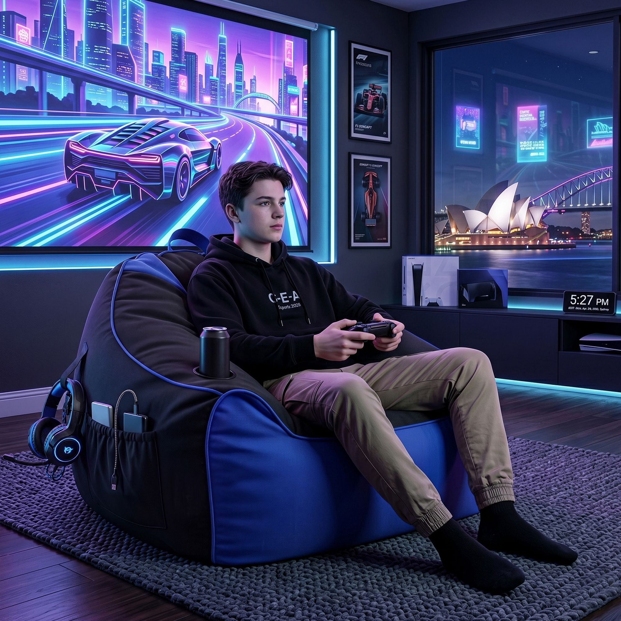 Gaming Bean Bag Chair Cover (No Filler) for Adults Teens Kids Splash - Proof Floor Gaming Chair Cover with Side Pockets, Headphone Hanger, Cup Holder, Bean Bag Cover Only - Furniture > Sofas > Sofa Accessories - Rivercity House & Home Co. (ABN 18 642 972 209) - Affordable Modern Furniture Australia