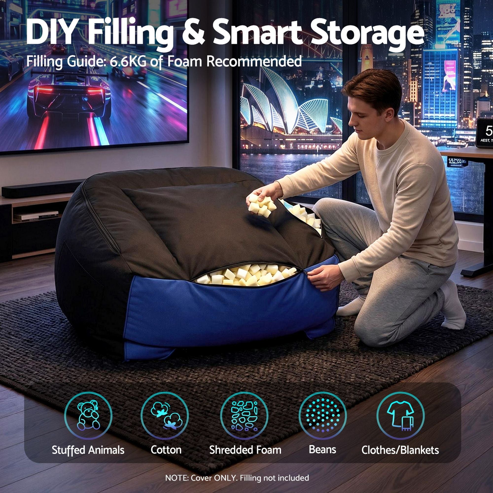 Gaming Bean Bag Chair Cover (No Filler) for Adults Teens Kids Splash - Proof Floor Gaming Chair Cover with Side Pockets, Headphone Hanger, Cup Holder, Bean Bag Cover Only - Furniture > Sofas > Sofa Accessories - Rivercity House & Home Co. (ABN 18 642 972 209) - Affordable Modern Furniture Australia
