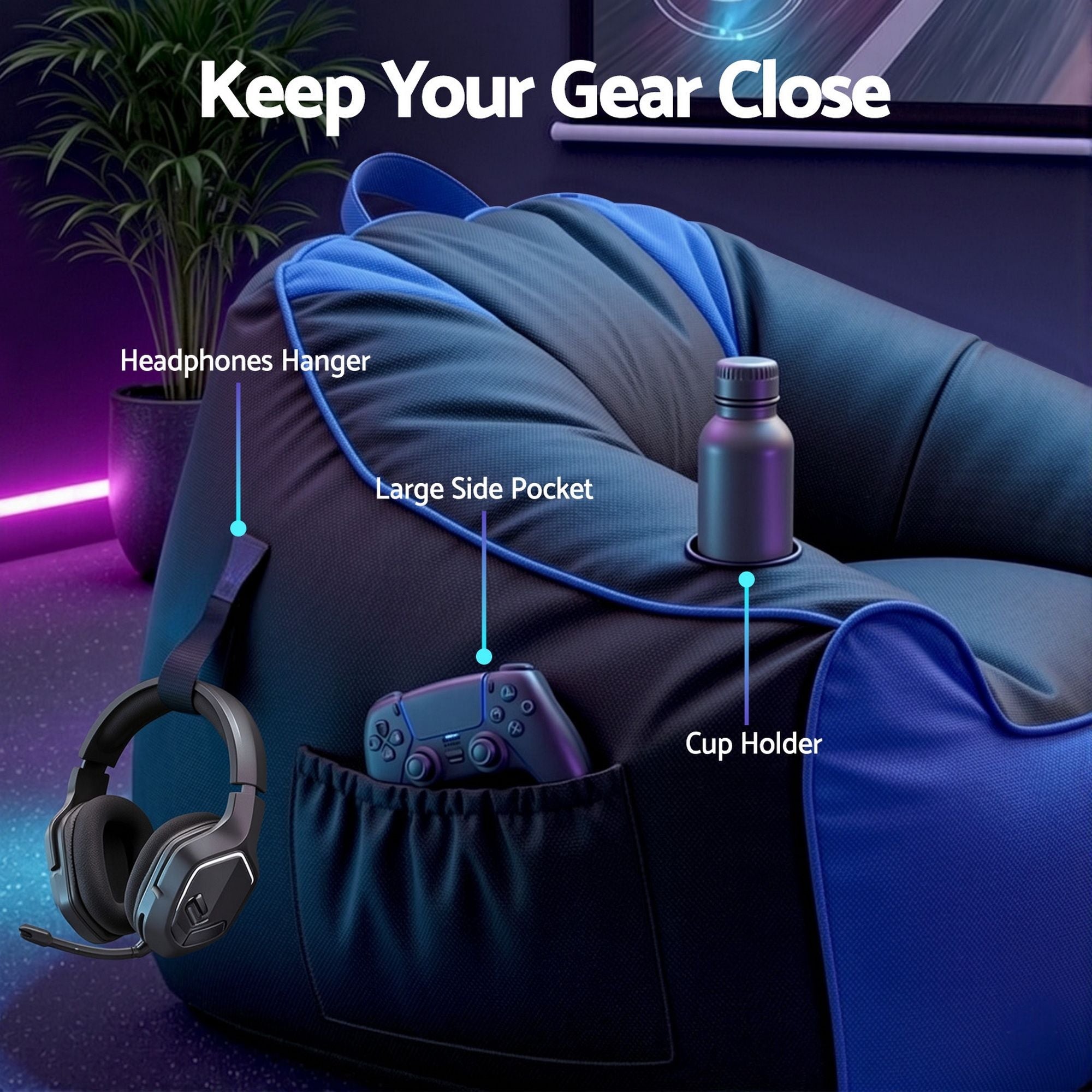 Gaming Bean Bag Chair Cover (No Filler) for Adults Teens Kids Splash - Proof Floor Gaming Chair Cover with Side Pockets, Headphone Hanger, Cup Holder, Bean Bag Cover Only - Furniture > Sofas > Sofa Accessories - Rivercity House & Home Co. (ABN 18 642 972 209) - Affordable Modern Furniture Australia