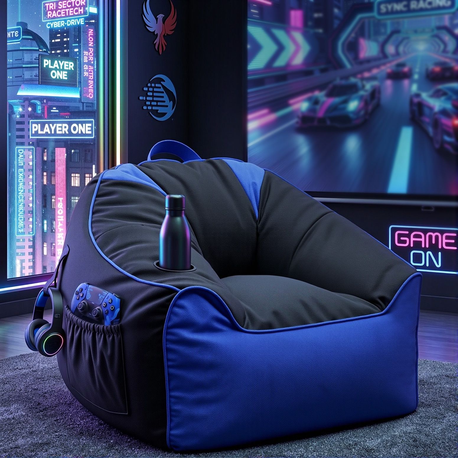 Gaming Bean Bag Chair Cover (No Filler) for Adults Teens Kids Splash - Proof Floor Gaming Chair Cover with Side Pockets, Headphone Hanger, Cup Holder, Bean Bag Cover Only - Furniture > Sofas > Sofa Accessories - Rivercity House & Home Co. (ABN 18 642 972 209) - Affordable Modern Furniture Australia