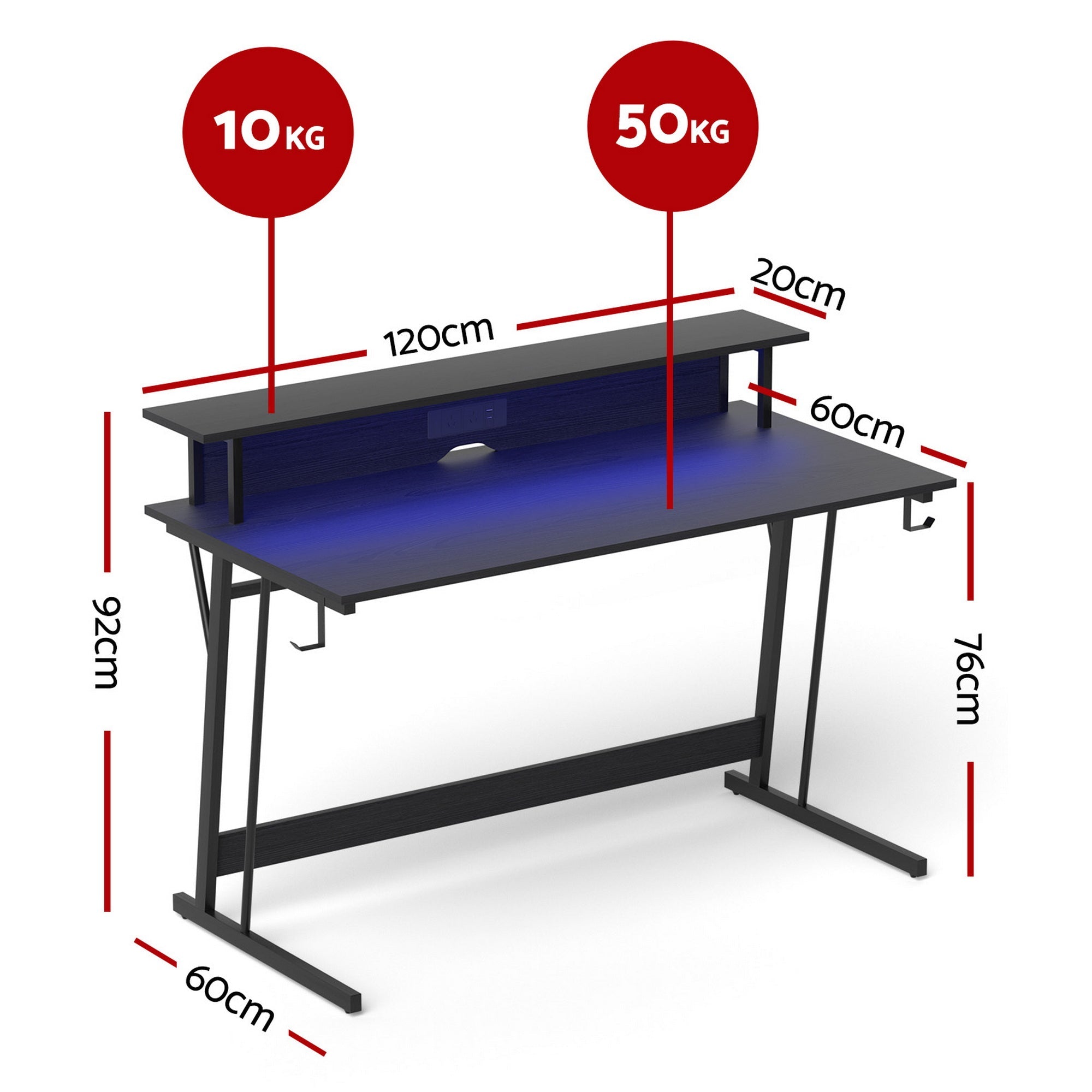 Gaming Desk with LED Lights Computer Desk Table with Monitor Shelf Power 120cm - Furniture > Office > Desks - Rivercity House & Home Co. (ABN 18 642 972 209) - Affordable Modern Furniture Australia