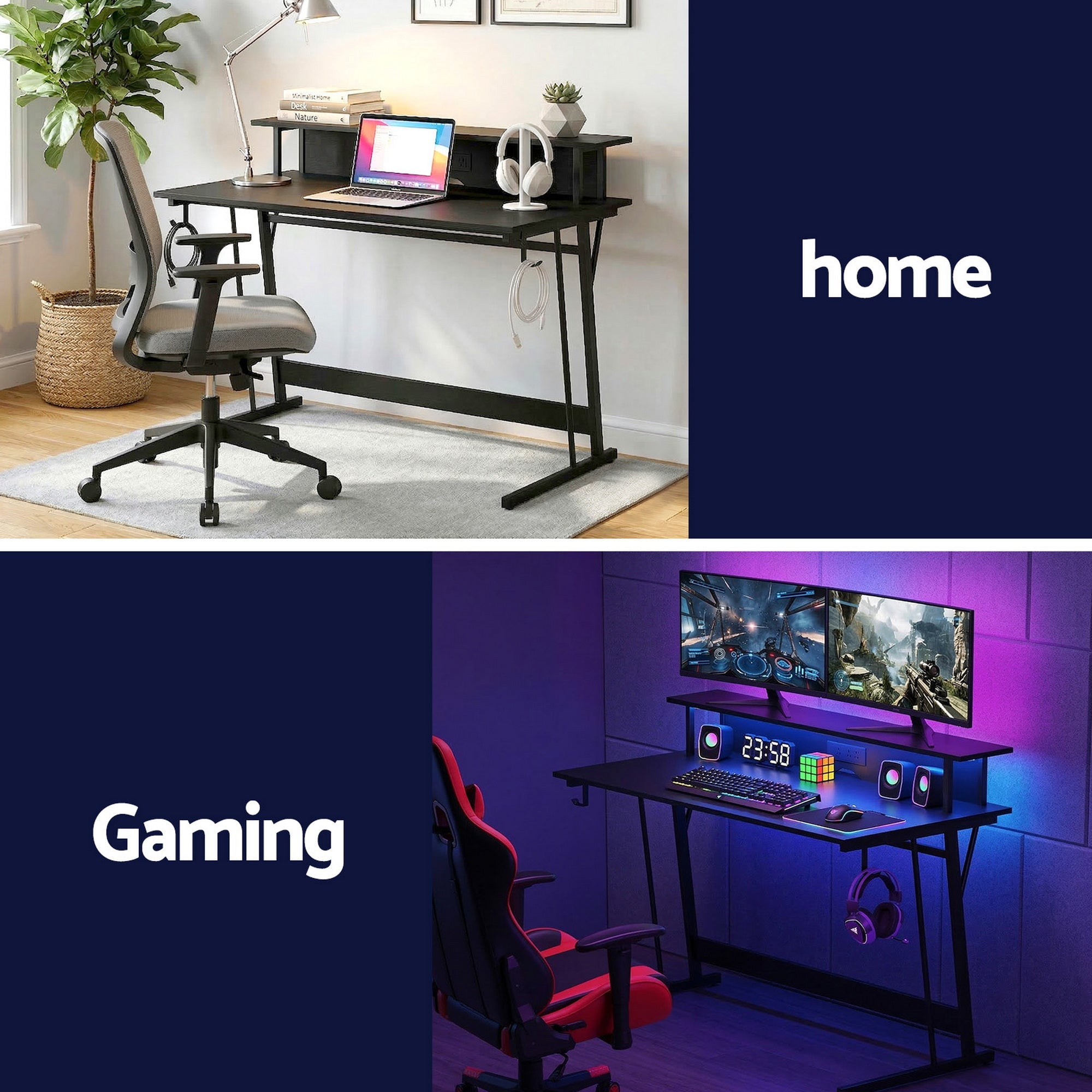 Gaming Desk with LED Lights Computer Desk Table with Monitor Shelf Power 120cm - Furniture > Office > Desks - Rivercity House & Home Co. (ABN 18 642 972 209) - Affordable Modern Furniture Australia